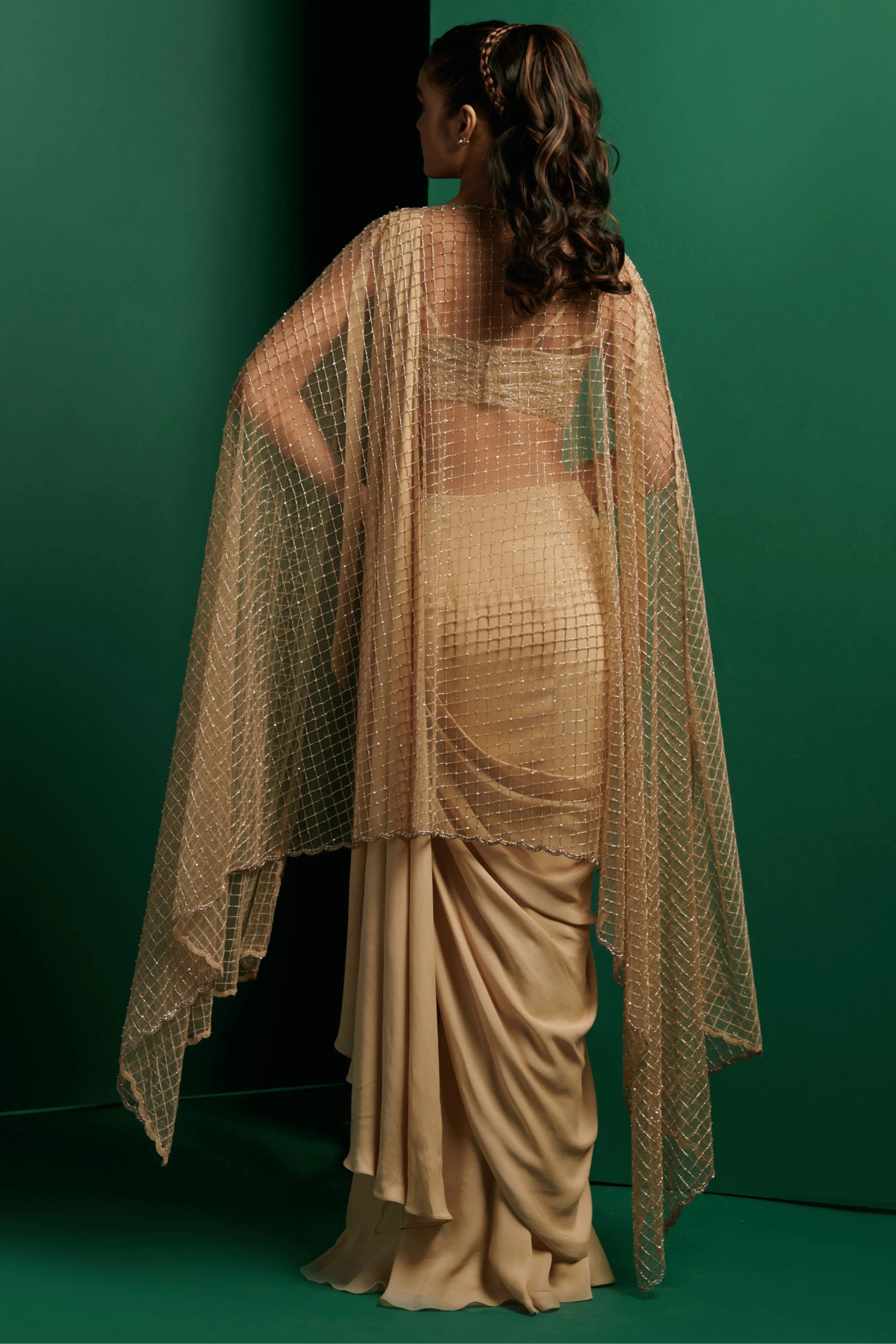Champagne Gold Draped Saree Set