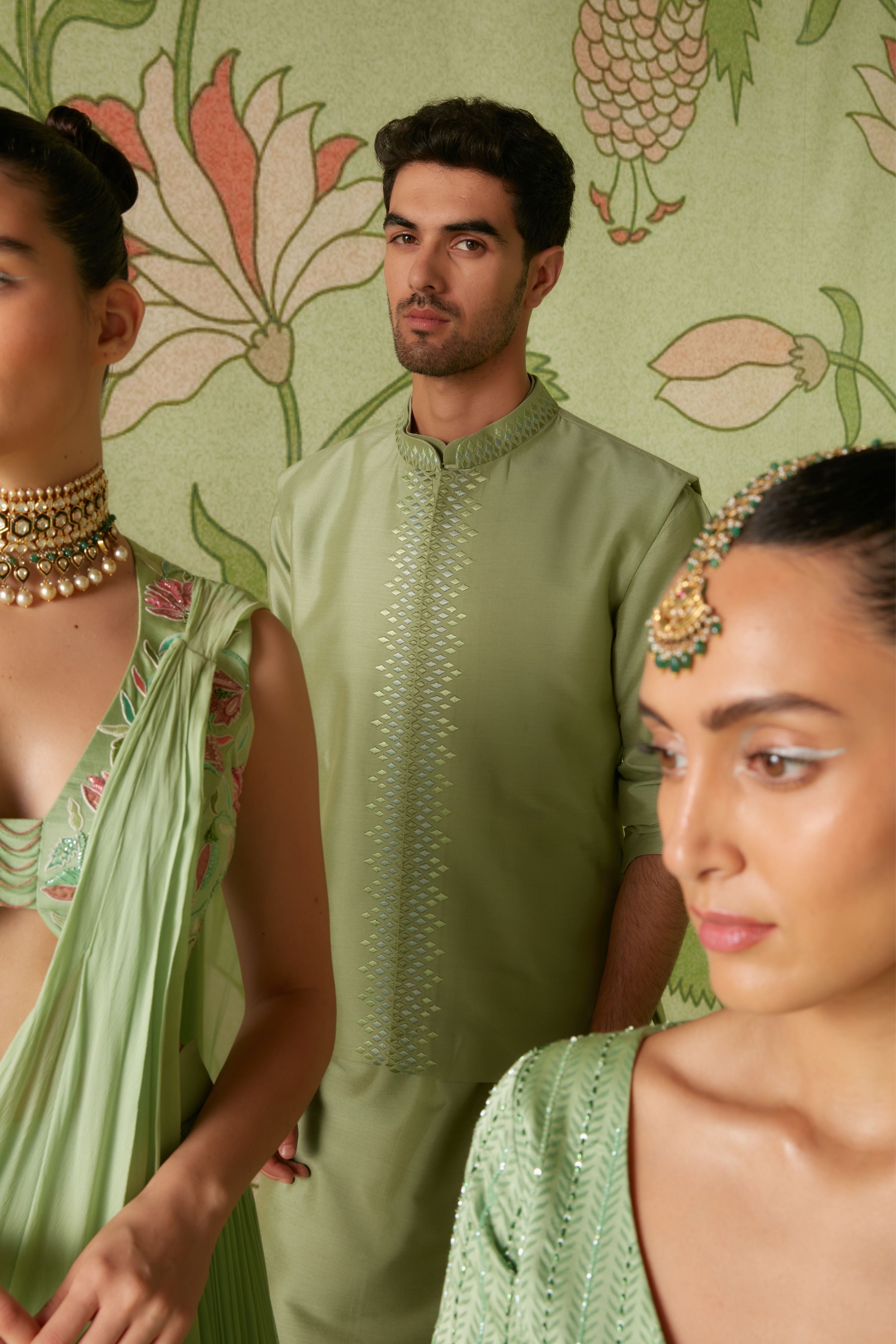 Sheen Green Kurta Bundi Set