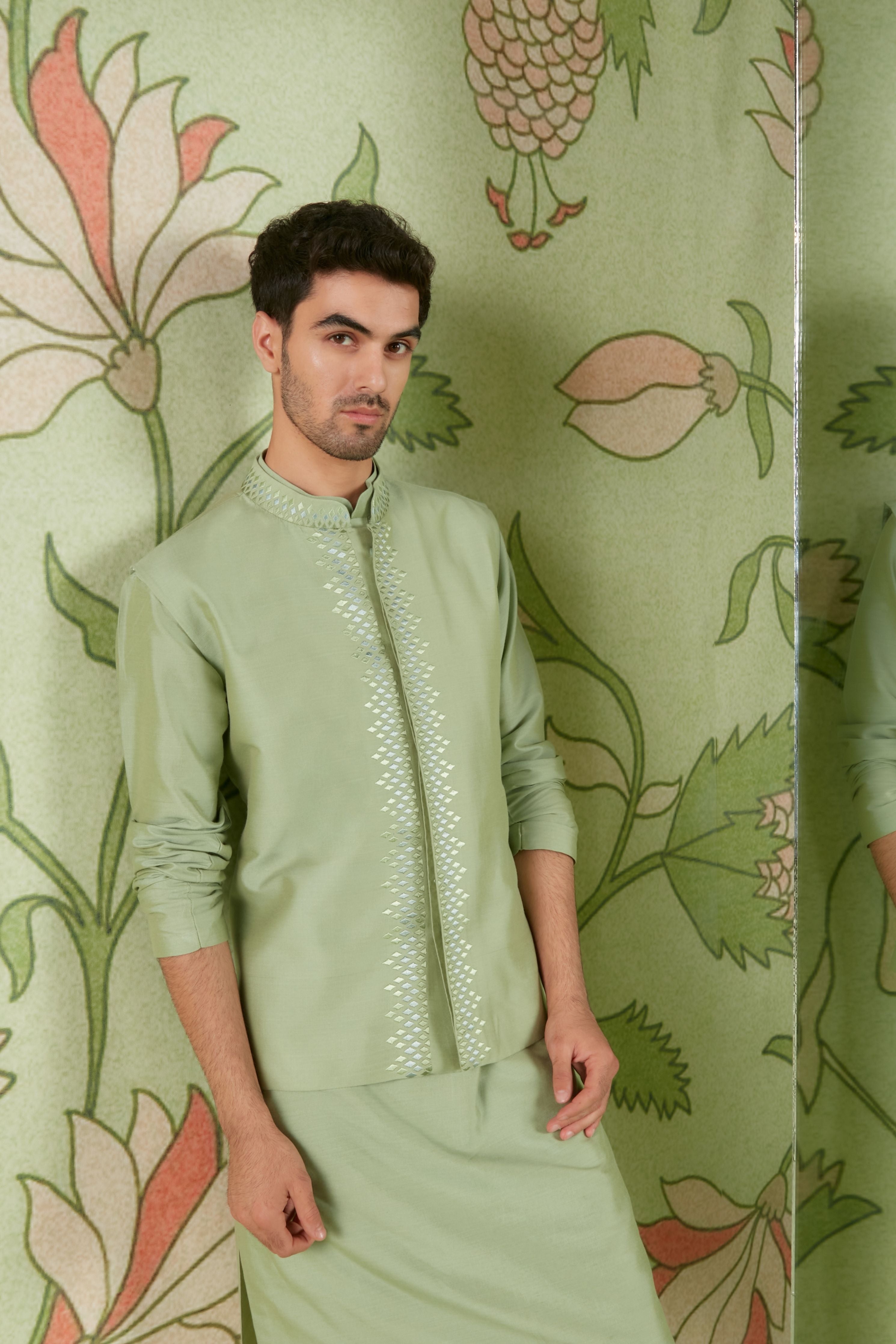 Sheen Green Kurta Bundi Set