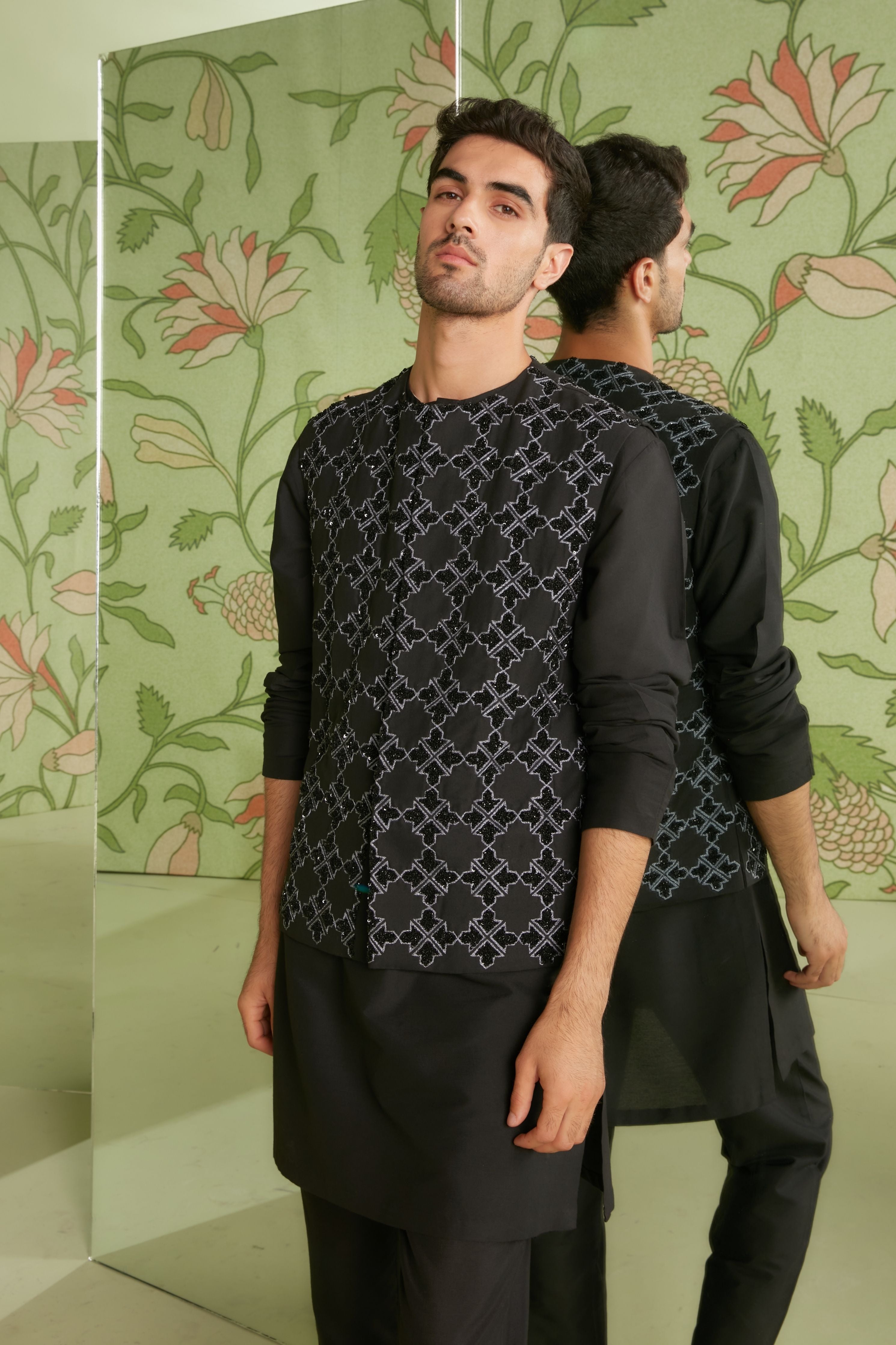 Black Without Collar Bundi Kurta Set