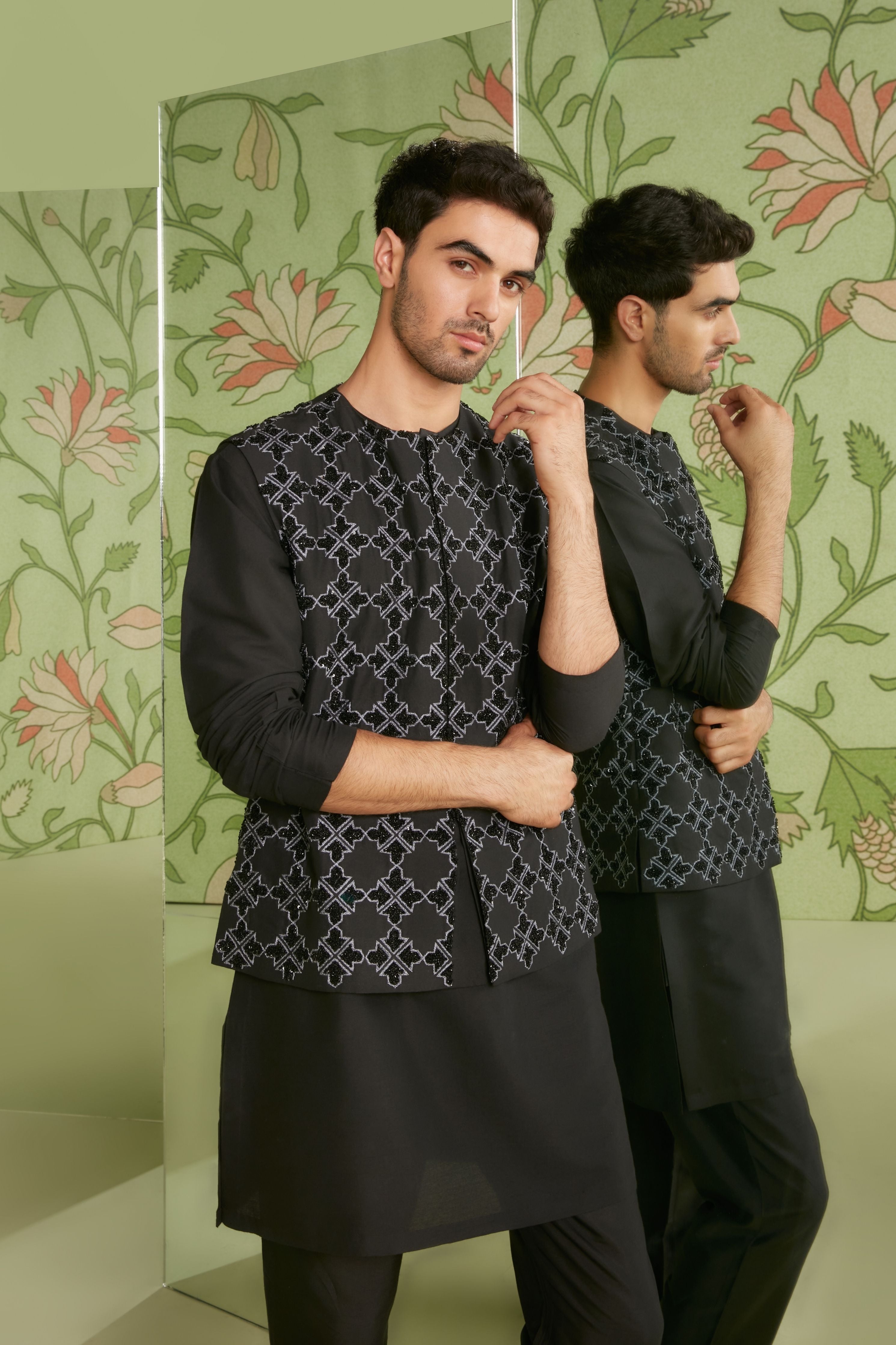 Black Without Collar Bundi Kurta Set