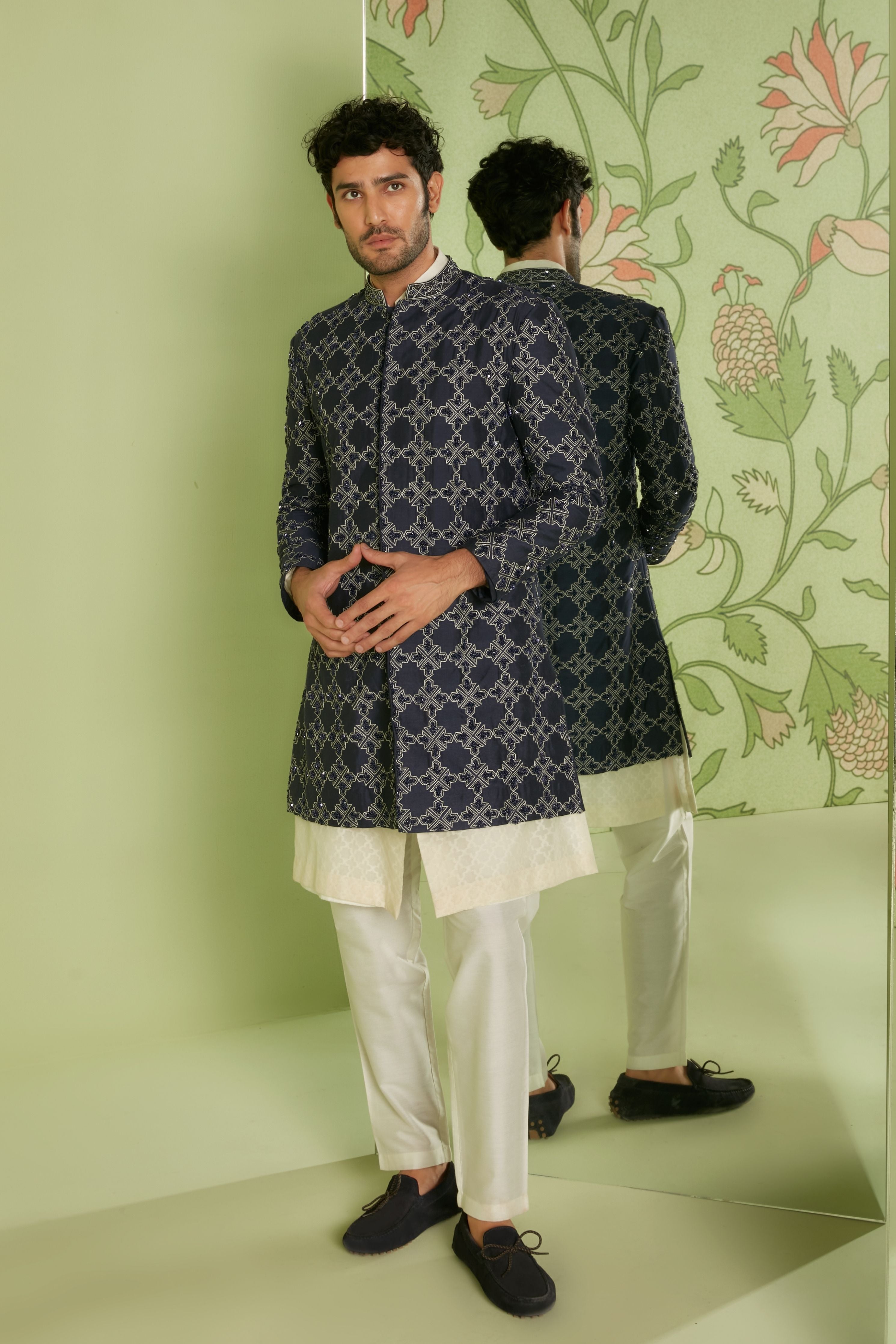 Navy Blue Indo Western Jacket Set with Jamdani Kurta