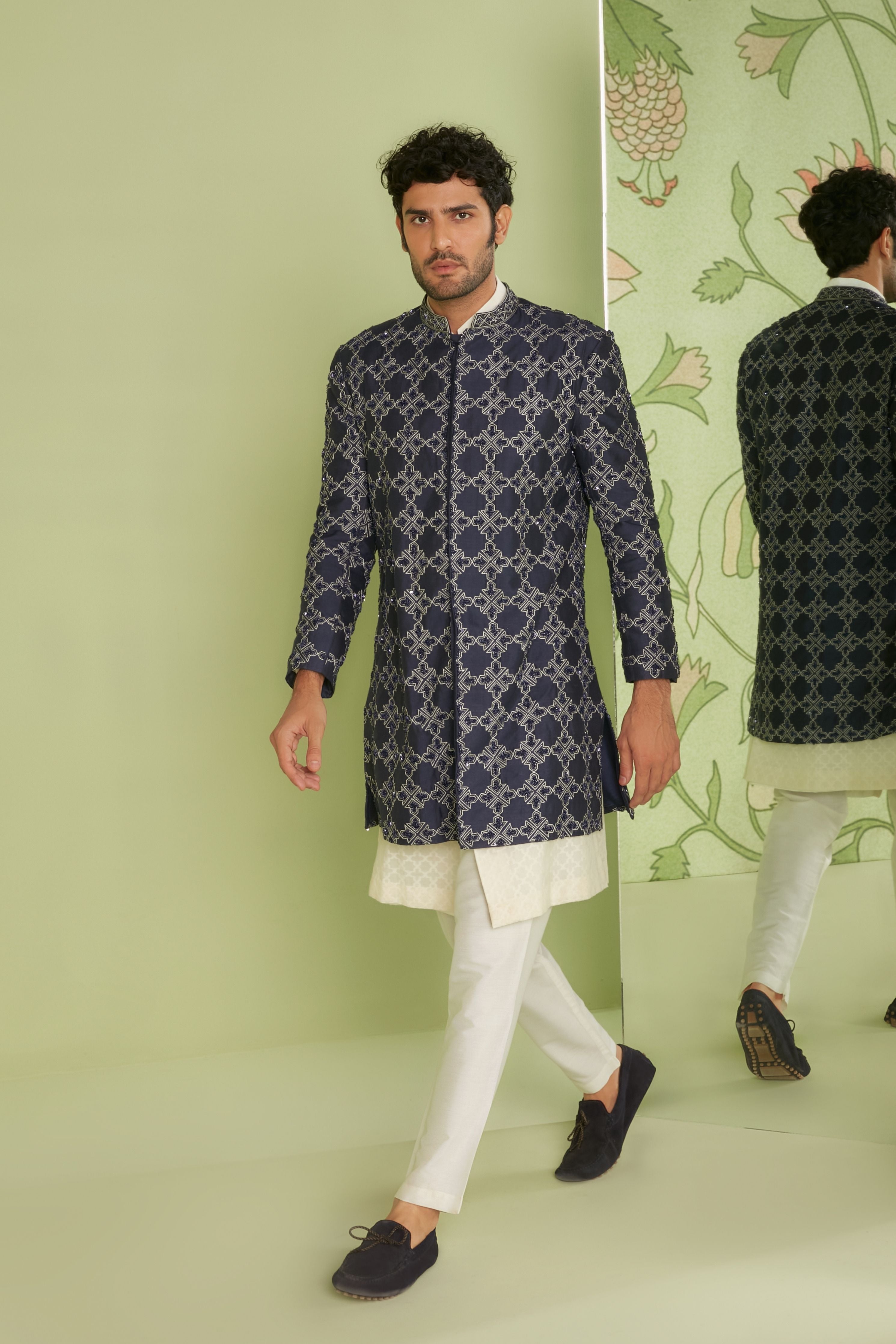 Navy Blue Indo Western Jacket Set with Jamdani Kurta