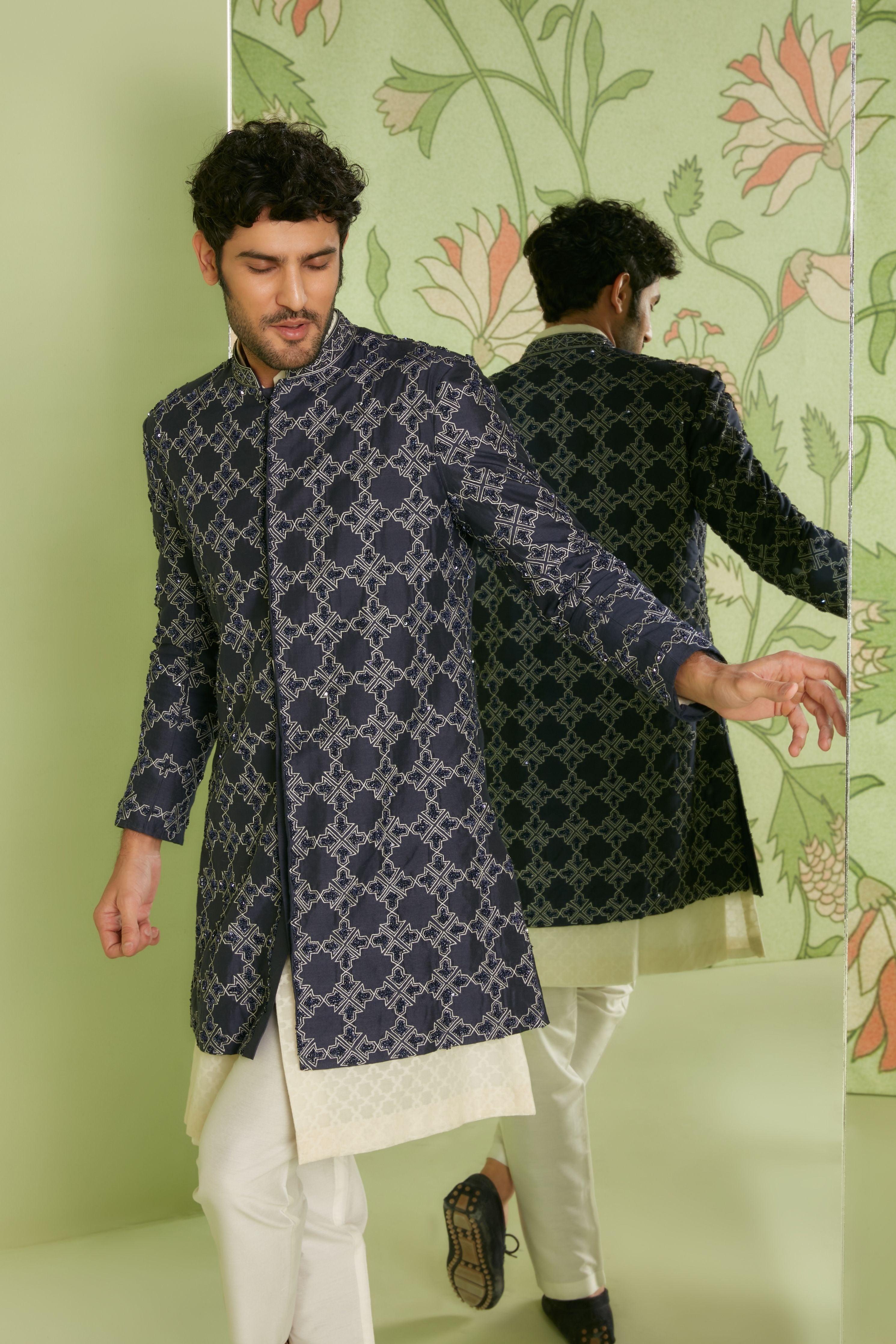 Navy Blue Indo Western Jacket Set with Jamdani Kurta