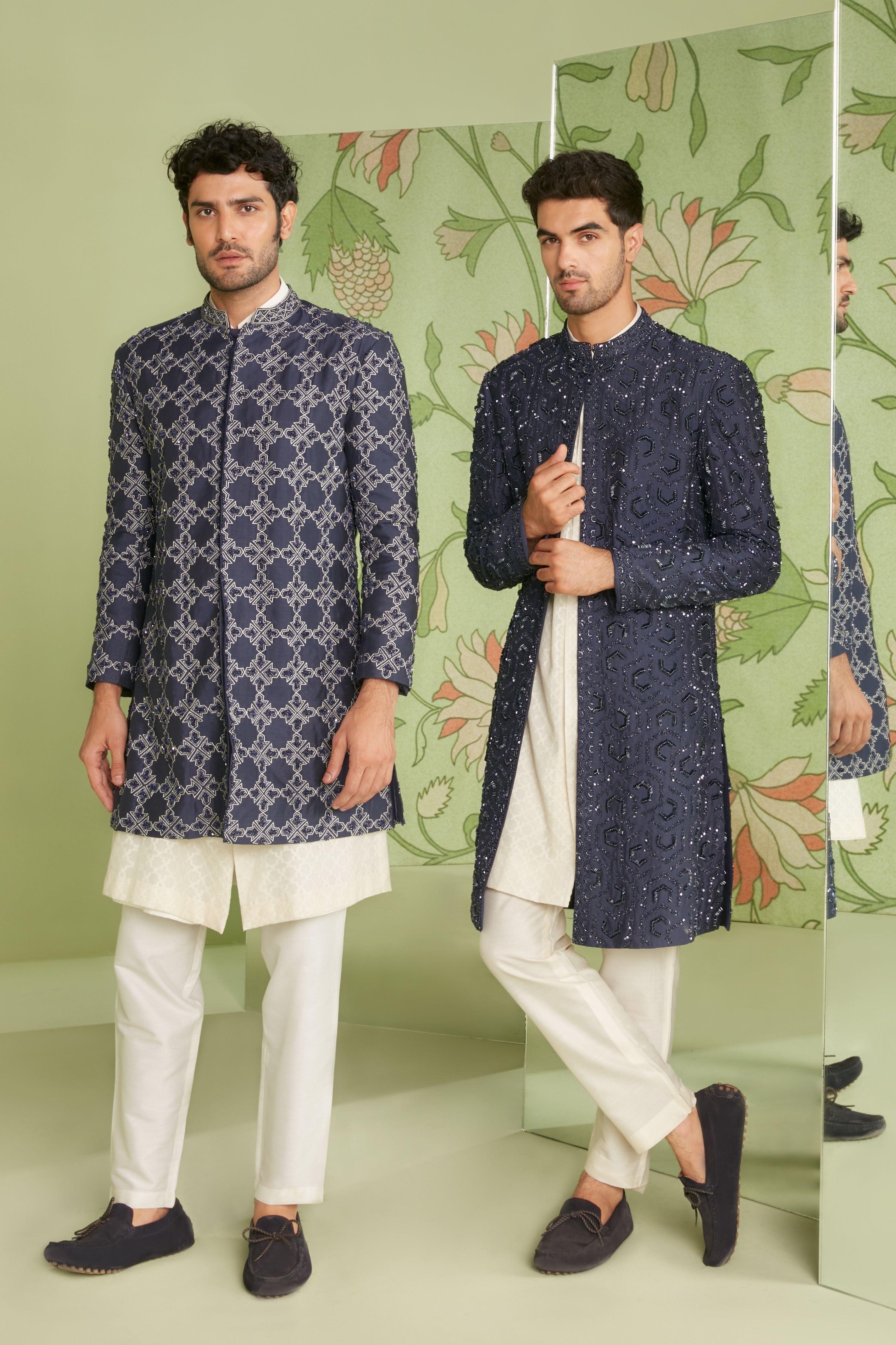 Navy Blue Indo Western Jacket Set with Jamdani Kurta