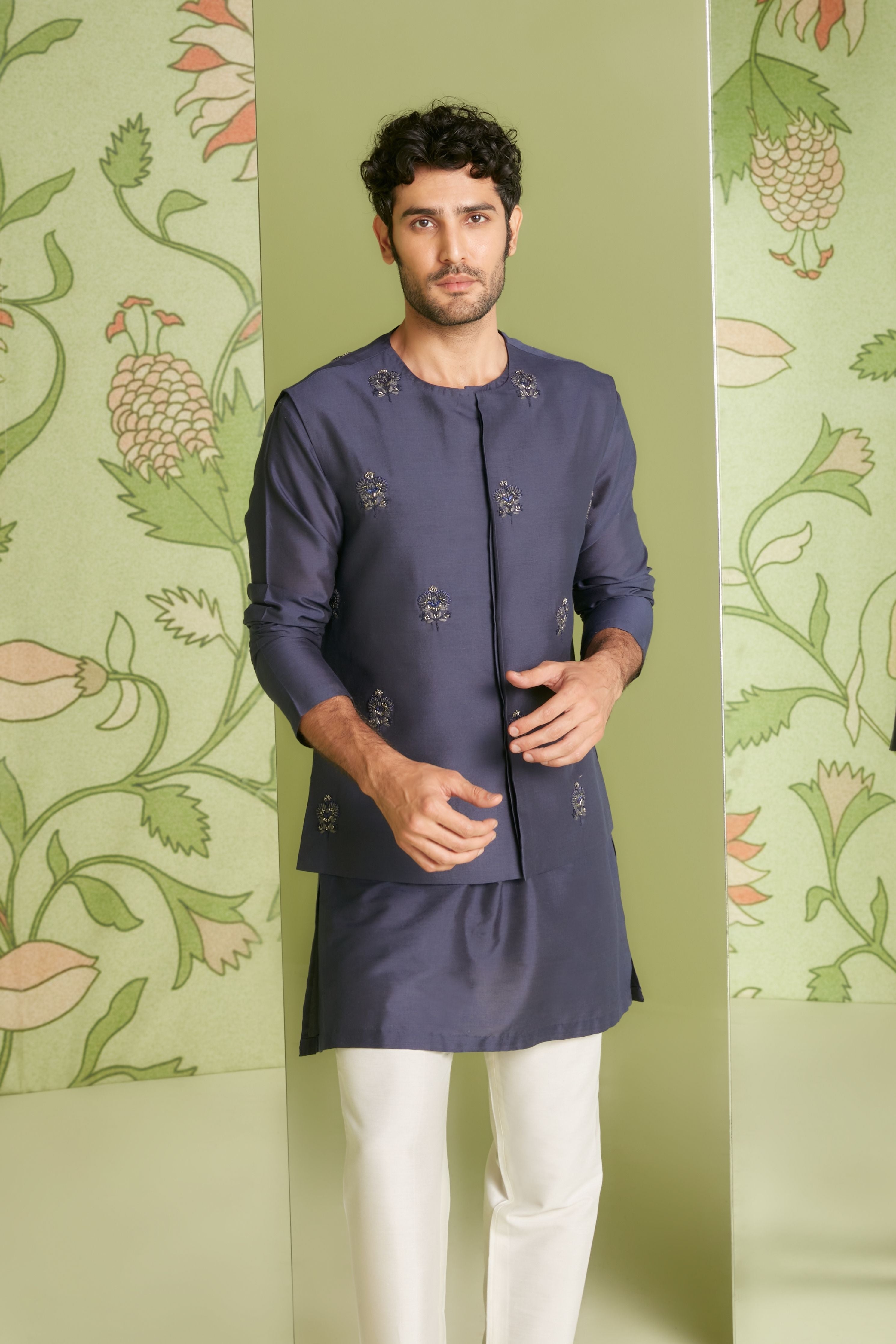 Navy Blue Bundi Kurta Set