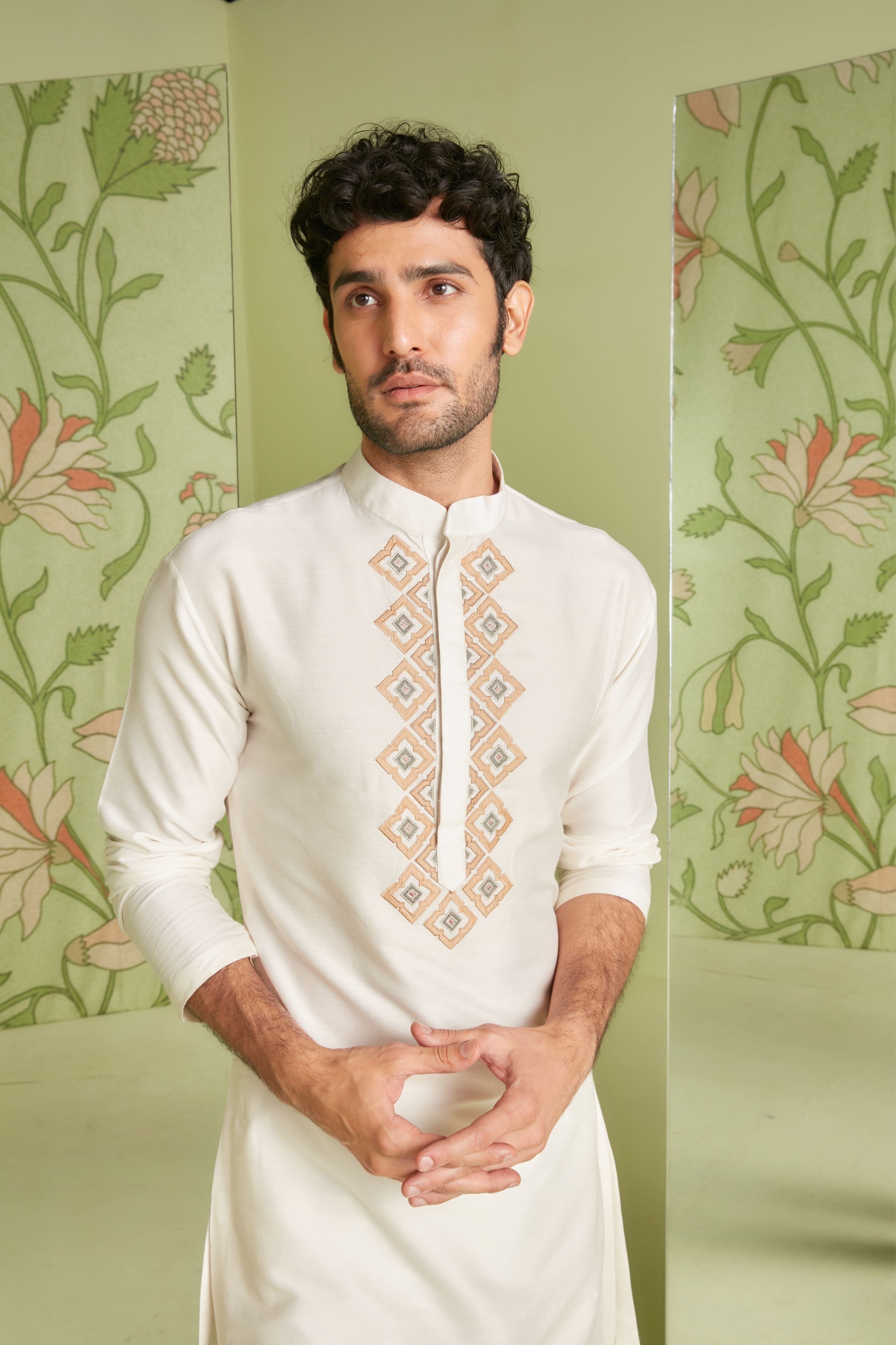 Ivory Applique Embroidery Bundi Kurta Set