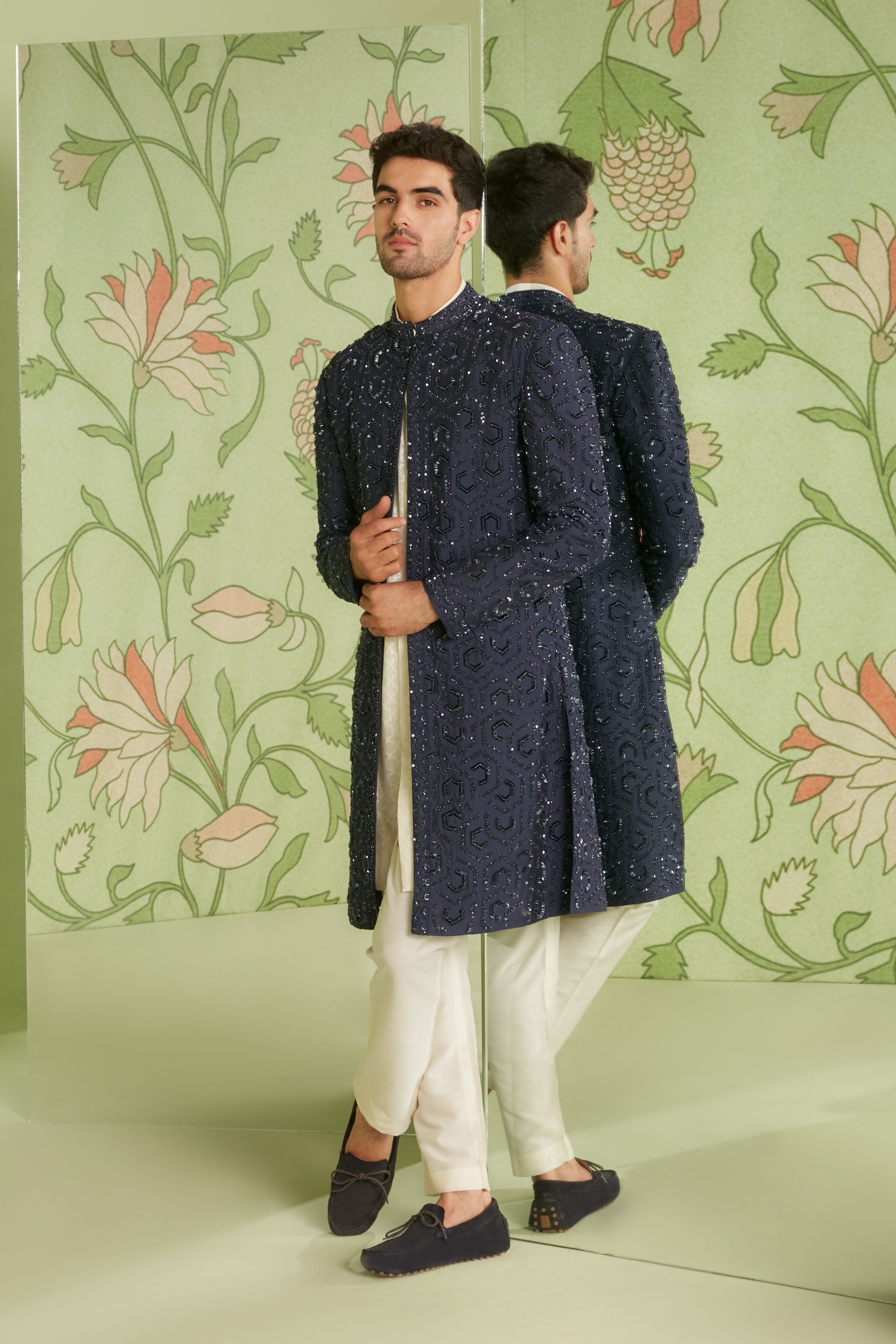 Navy Blue Indo Western Jacket Set with Jamdani Kurta