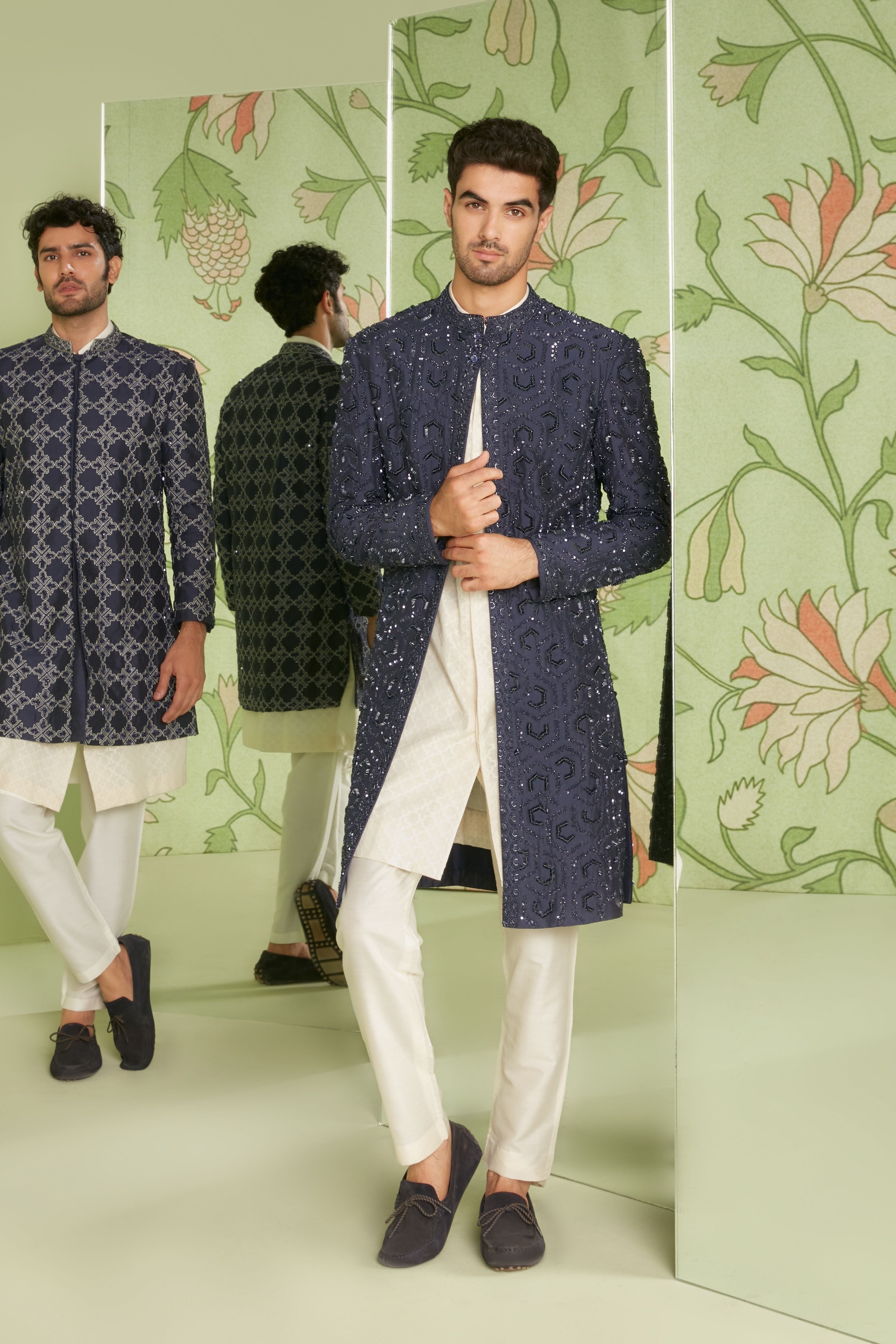 Navy Blue Indo Western Jacket Set with Jamdani Kurta