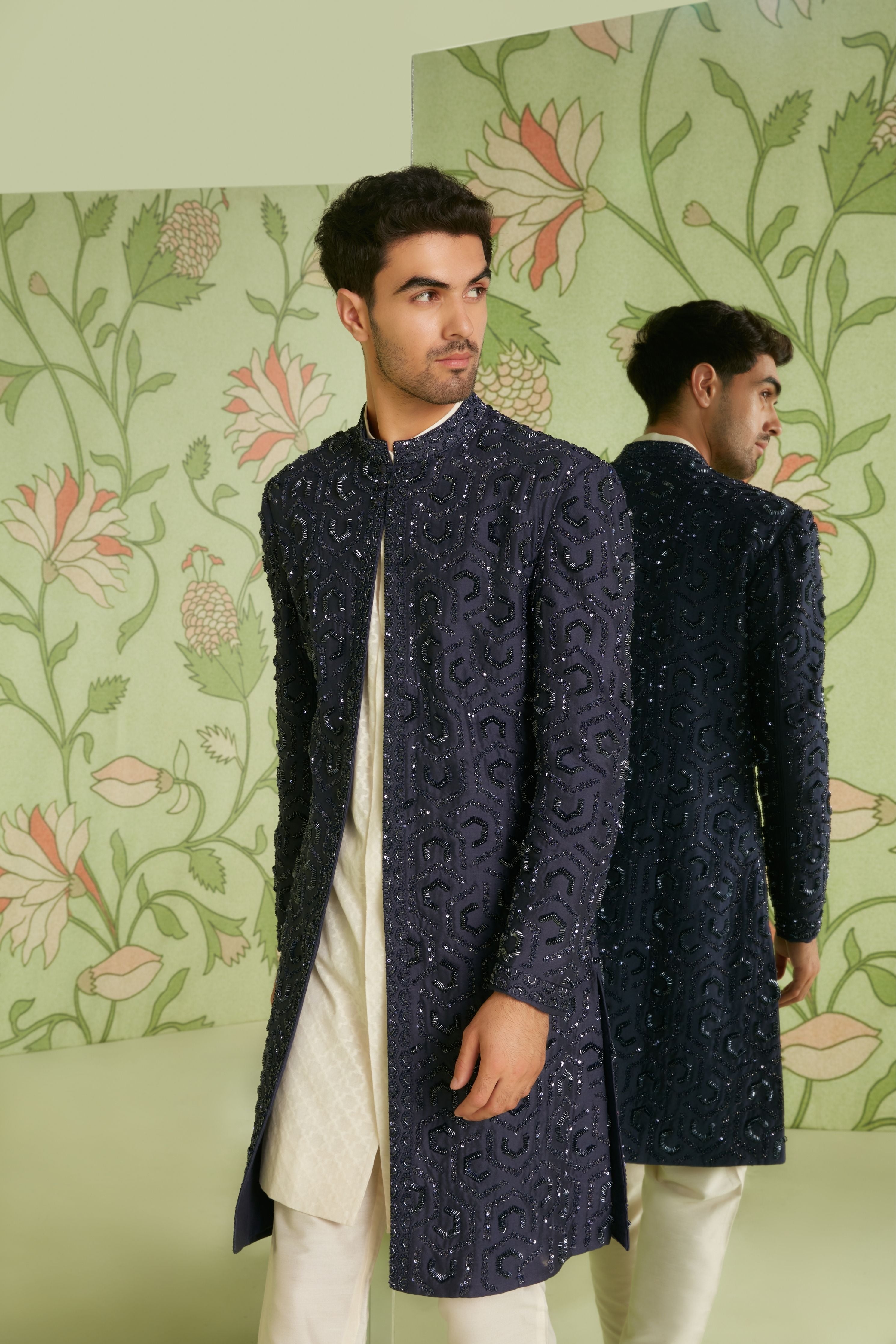 Navy Blue Indo Western Jacket Set with Jamdani Kurta