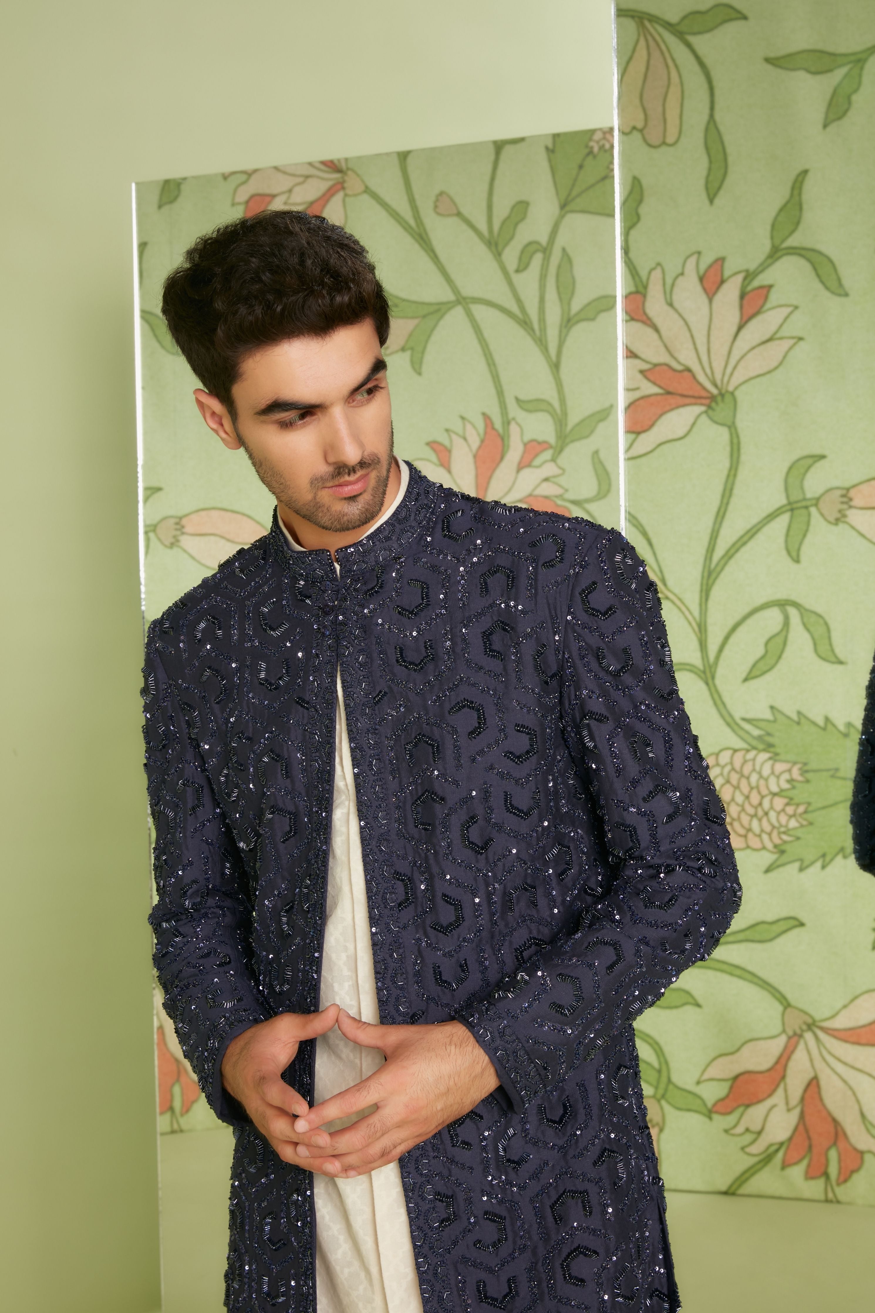 Navy Blue Indo Western Jacket Set with Jamdani Kurta