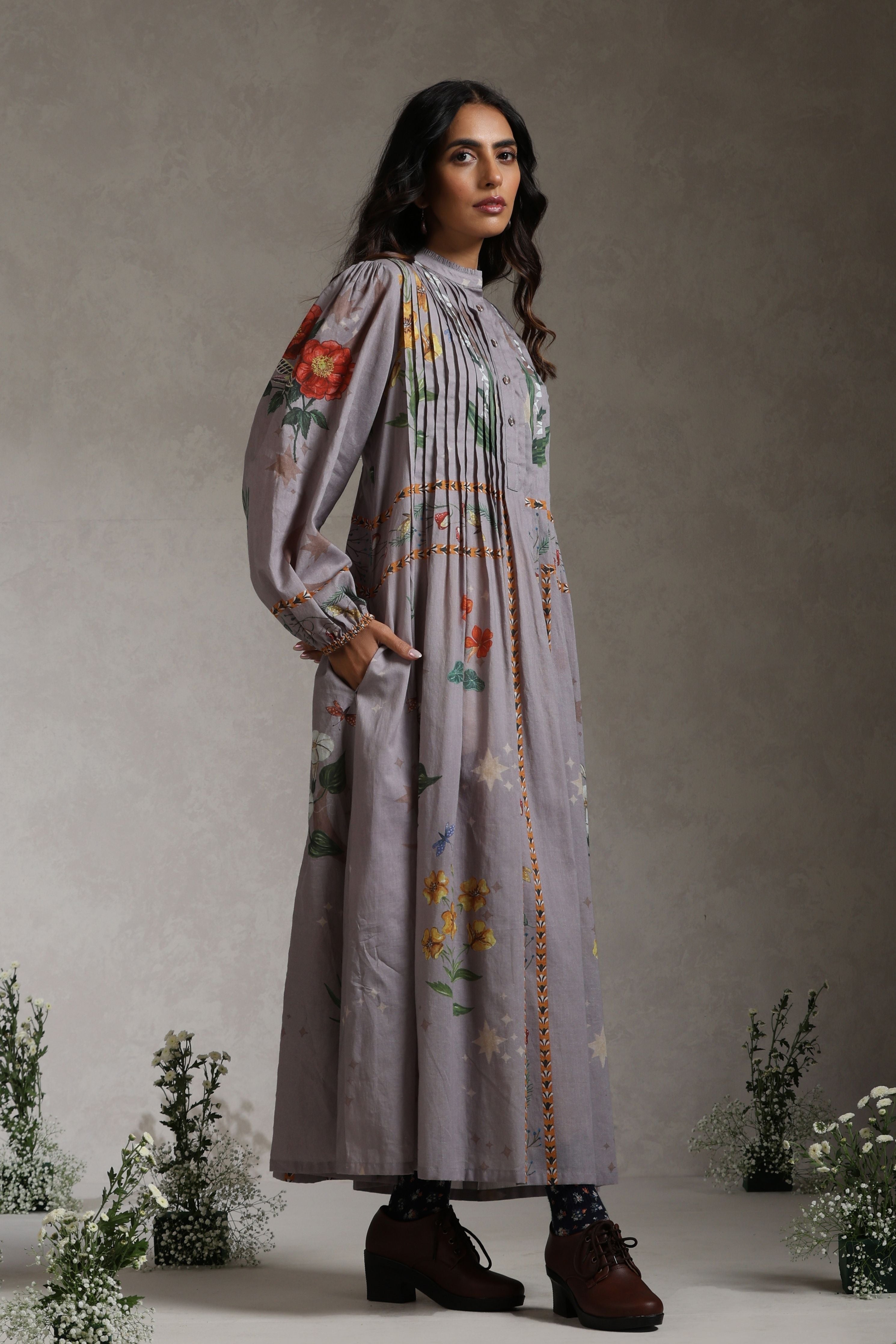 Lavender Botanical Pleat Dress