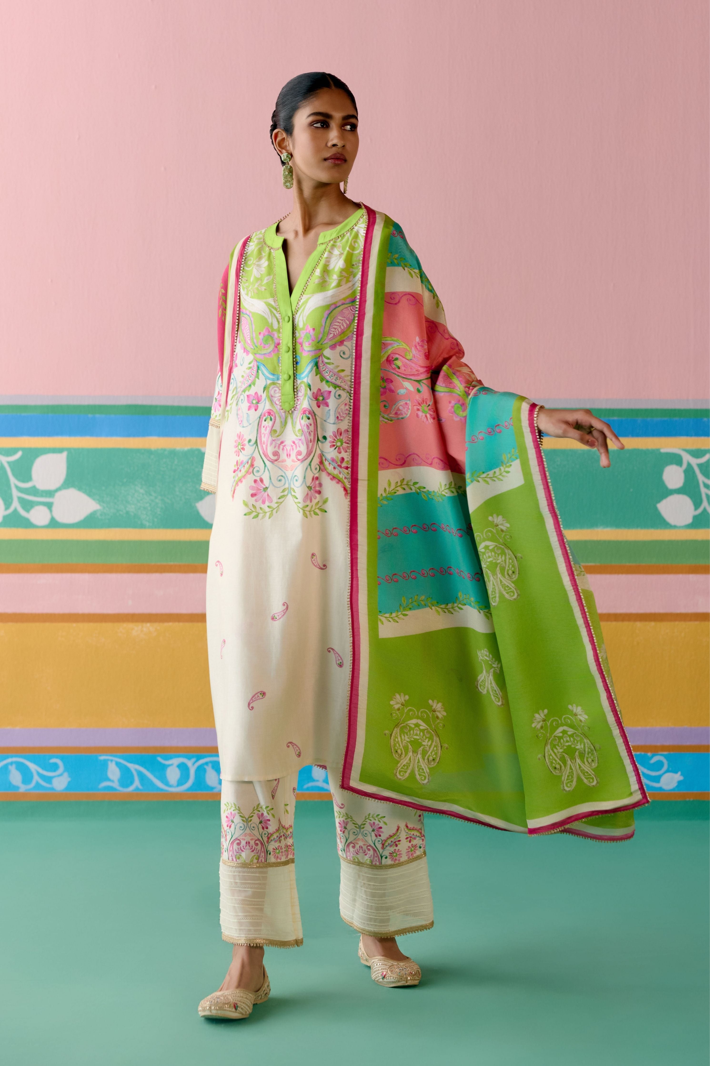 Lime Green Paisley V-neck Kurta with Dupatta