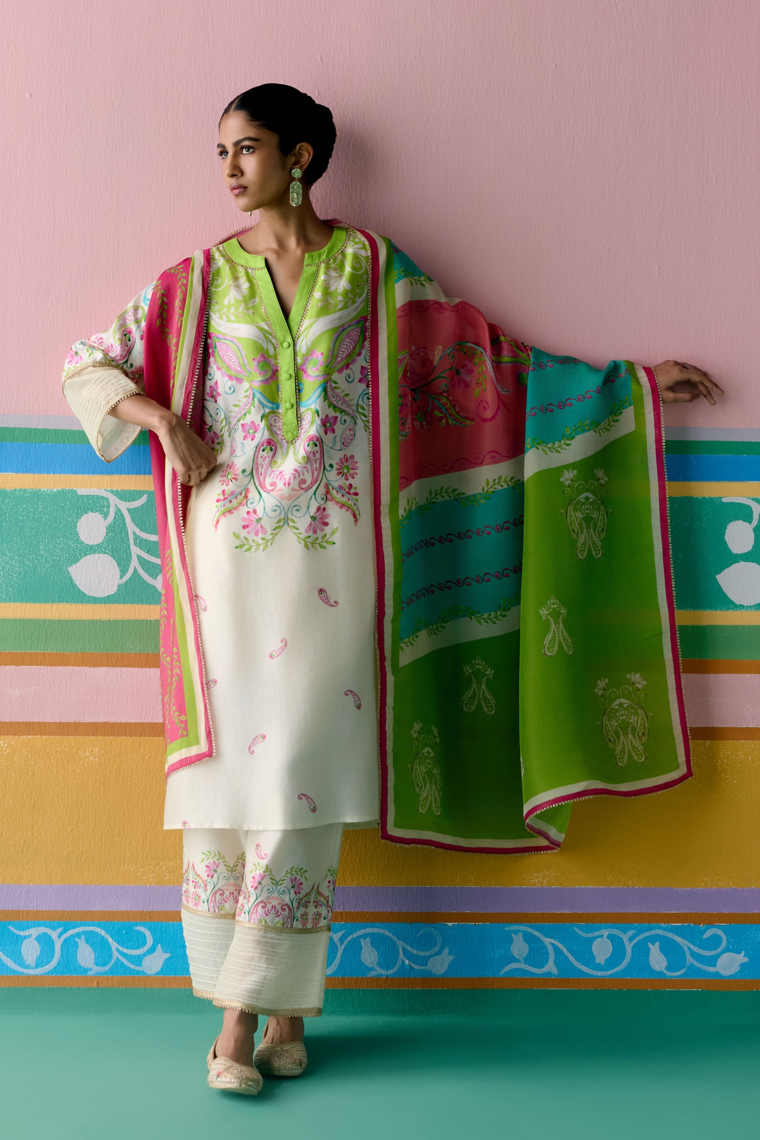 Lime Green Paisley V-neck Kurta with Dupatta