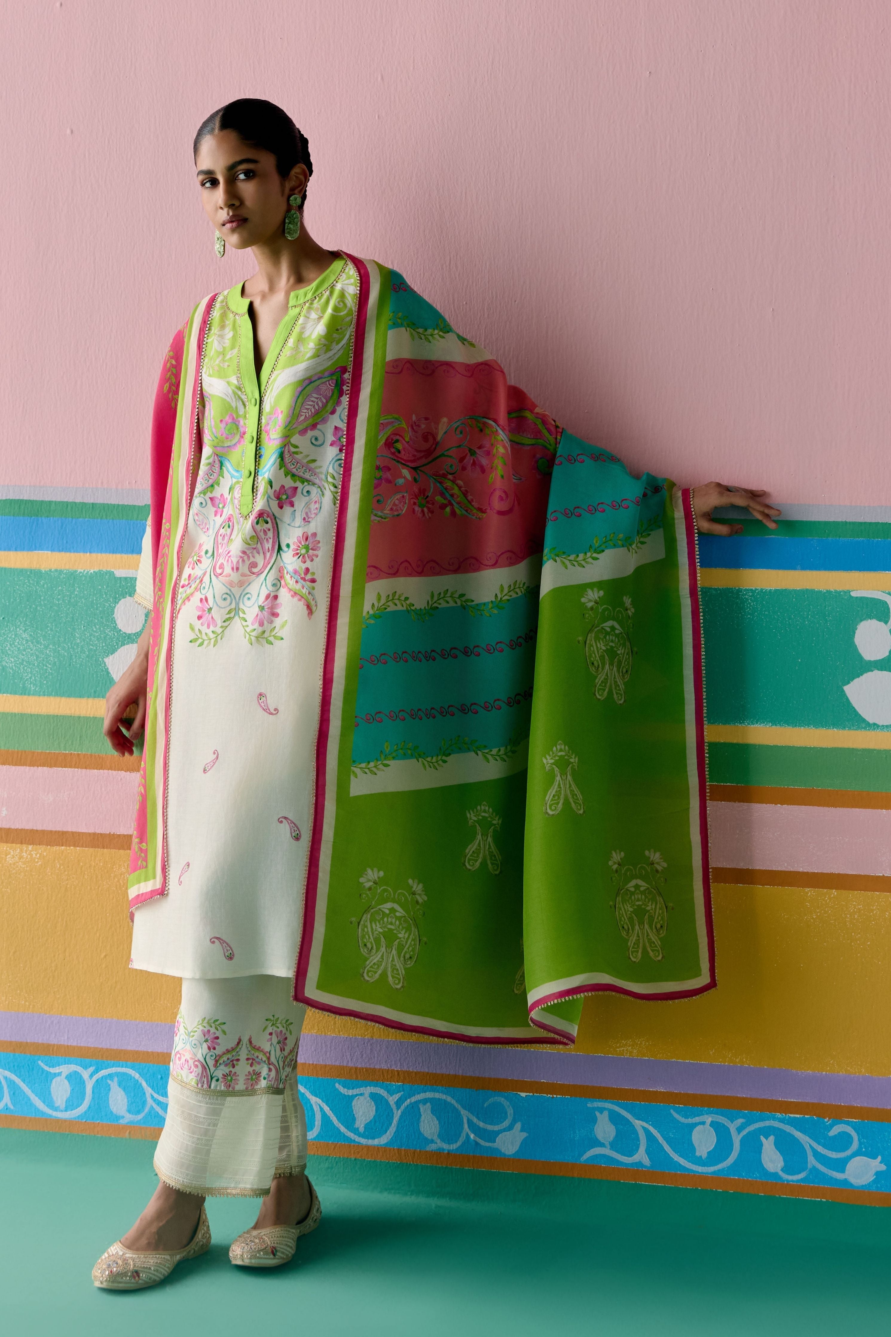 Lime Green Paisley V-neck Kurta with Dupatta