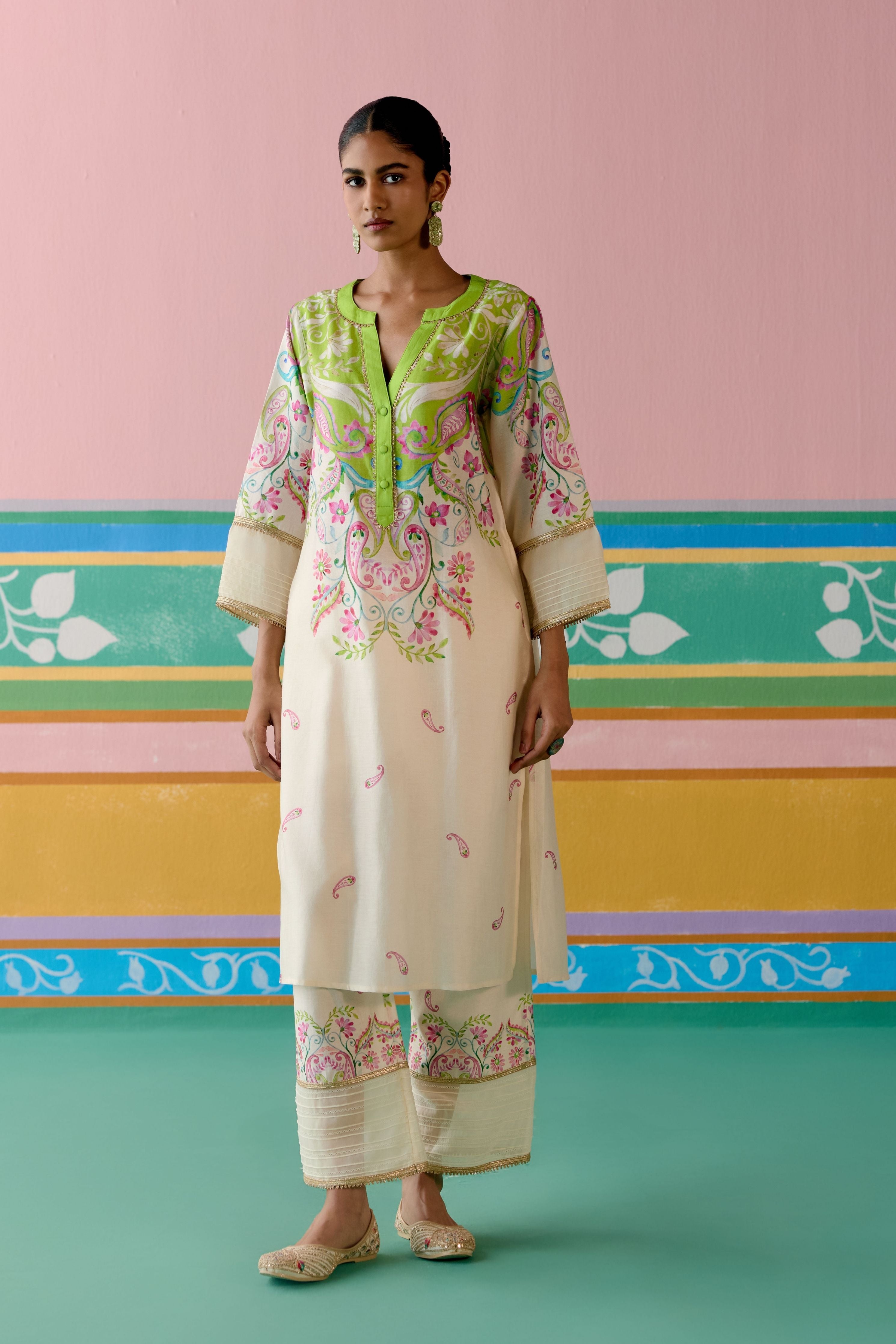 Lime Green Paisley V-neck Kurta with Dupatta