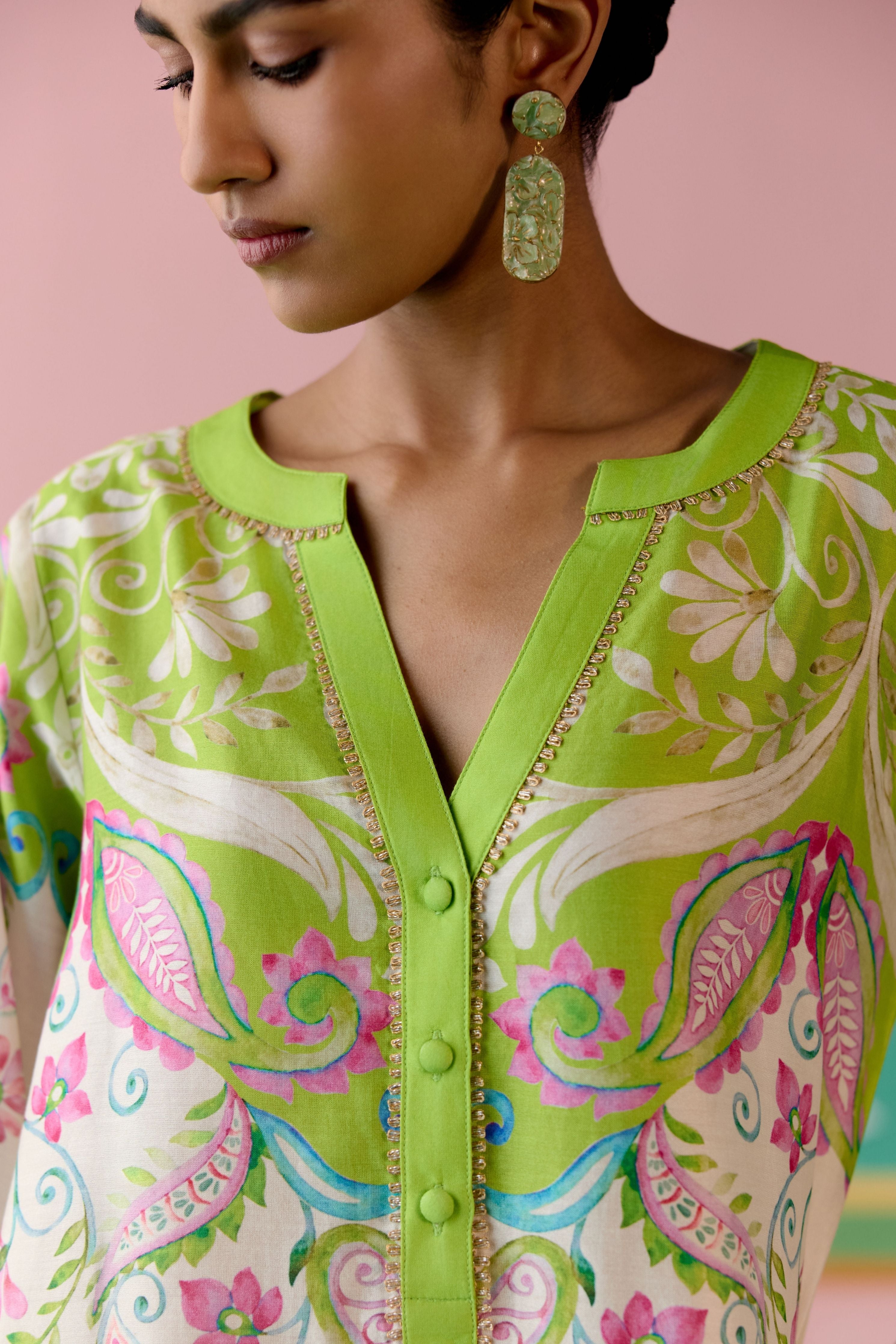 Lime Green Paisley V-neck Kurta with Dupatta