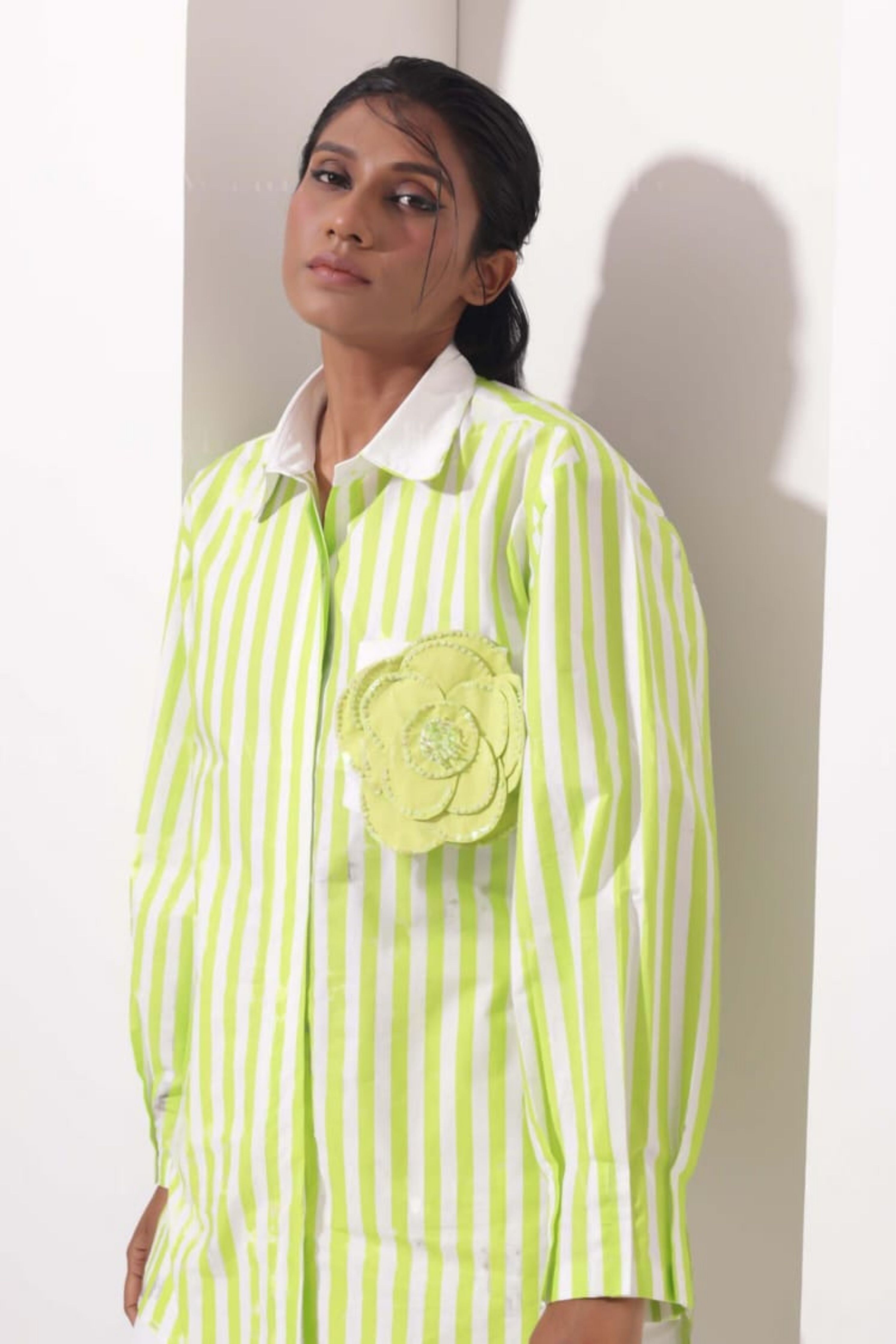Lime Stripes Floral Pocket Shirt