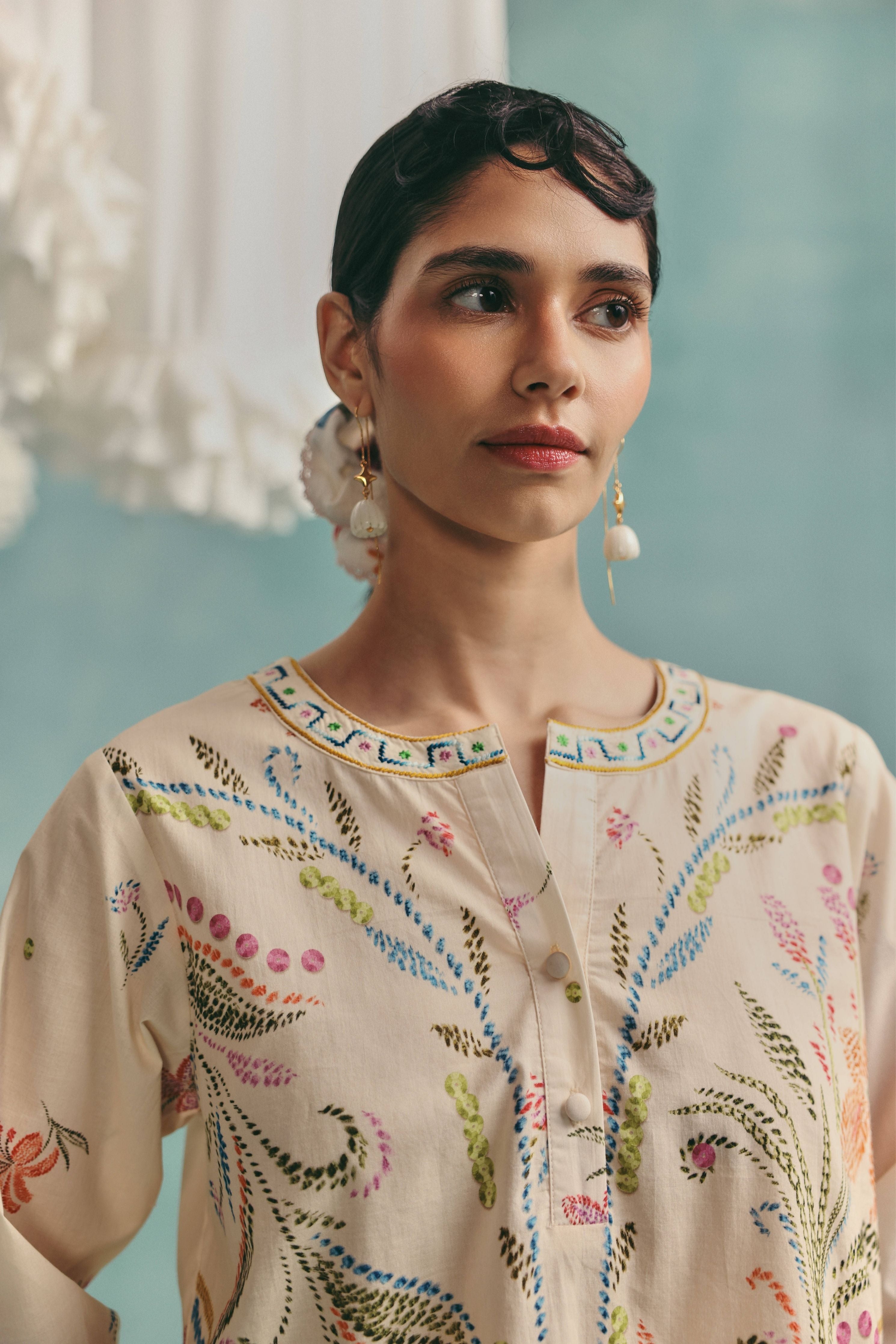 Hibiscus Round Neck Co-Ord Set Ecru