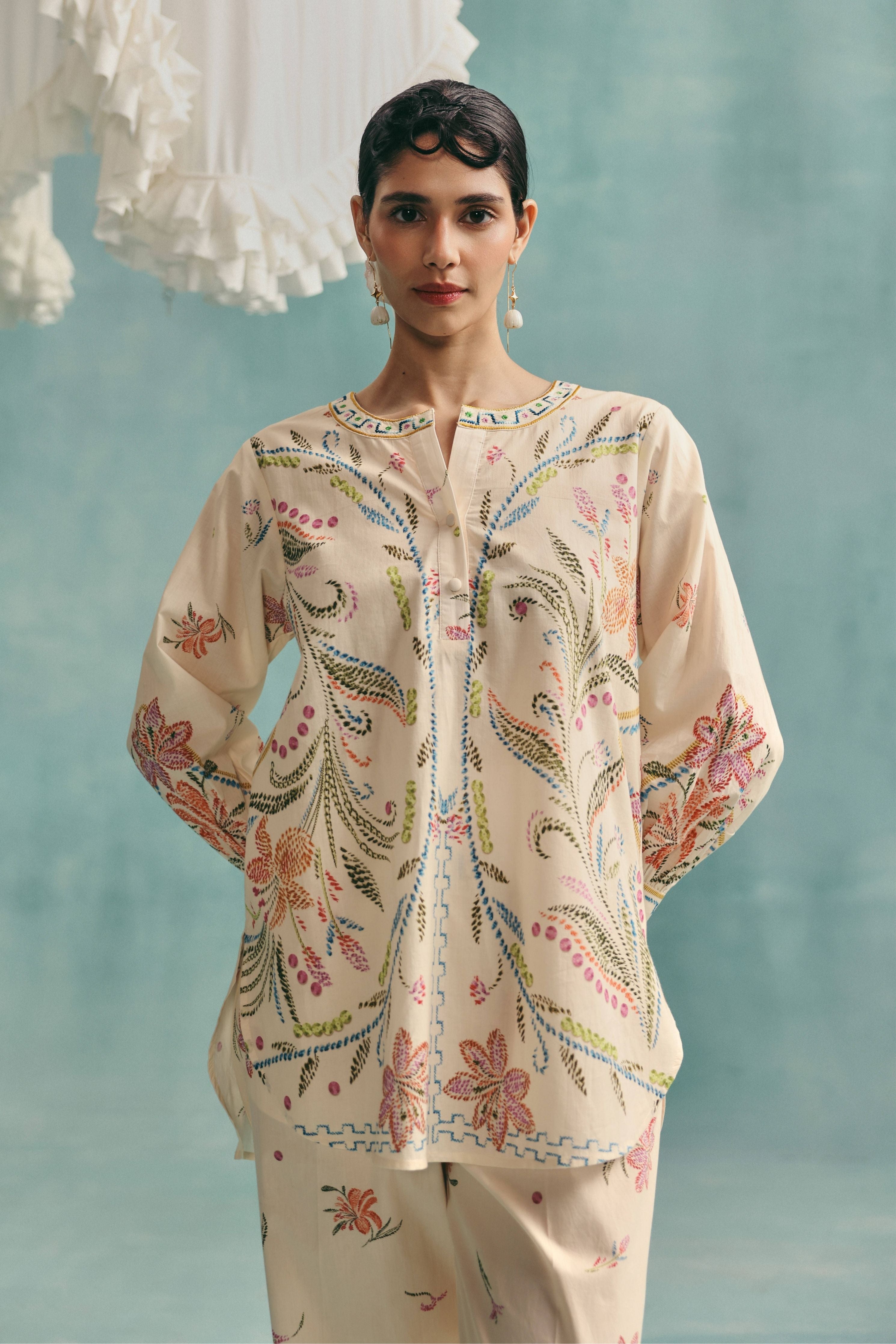 Hibiscus Round Neck Co-Ord Set Ecru