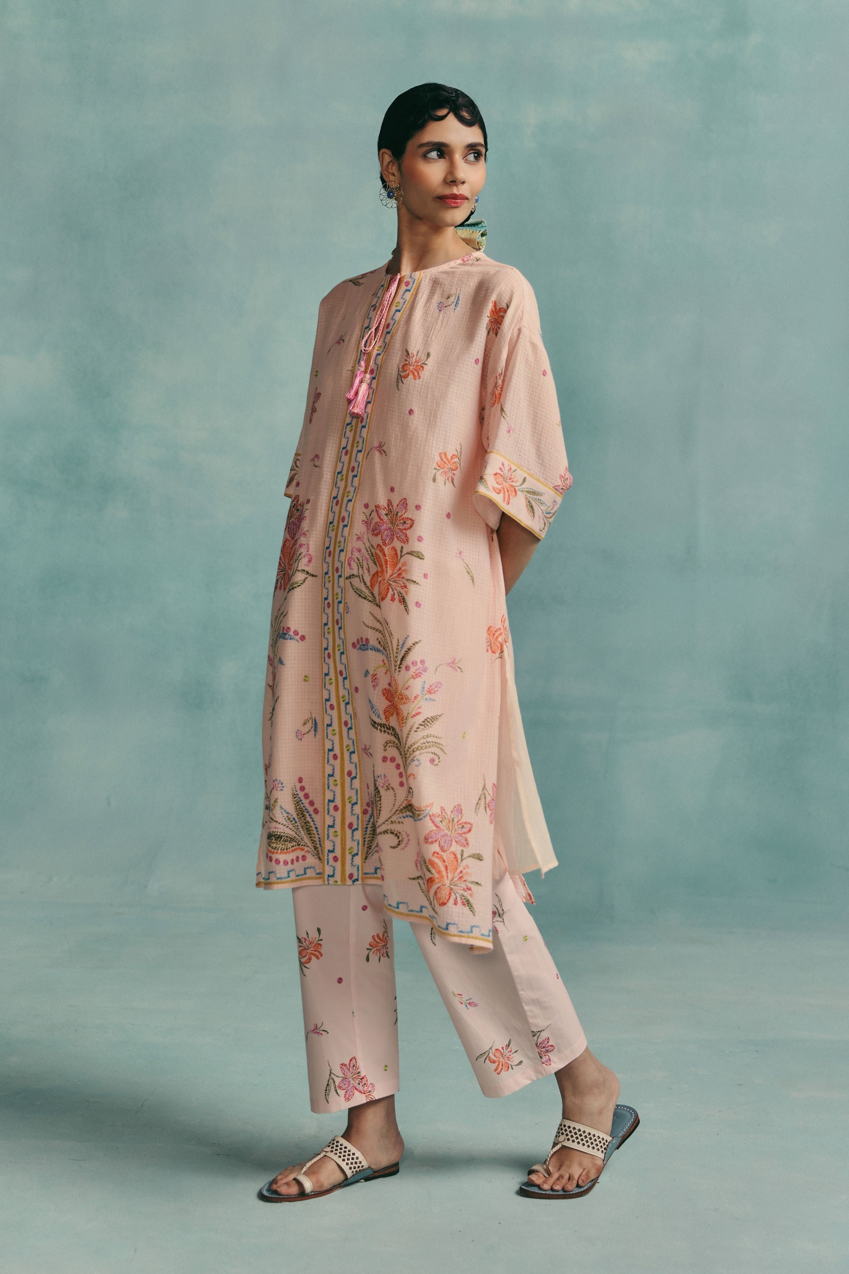 Hibiscus Round Neck Kaftan Set Pink
