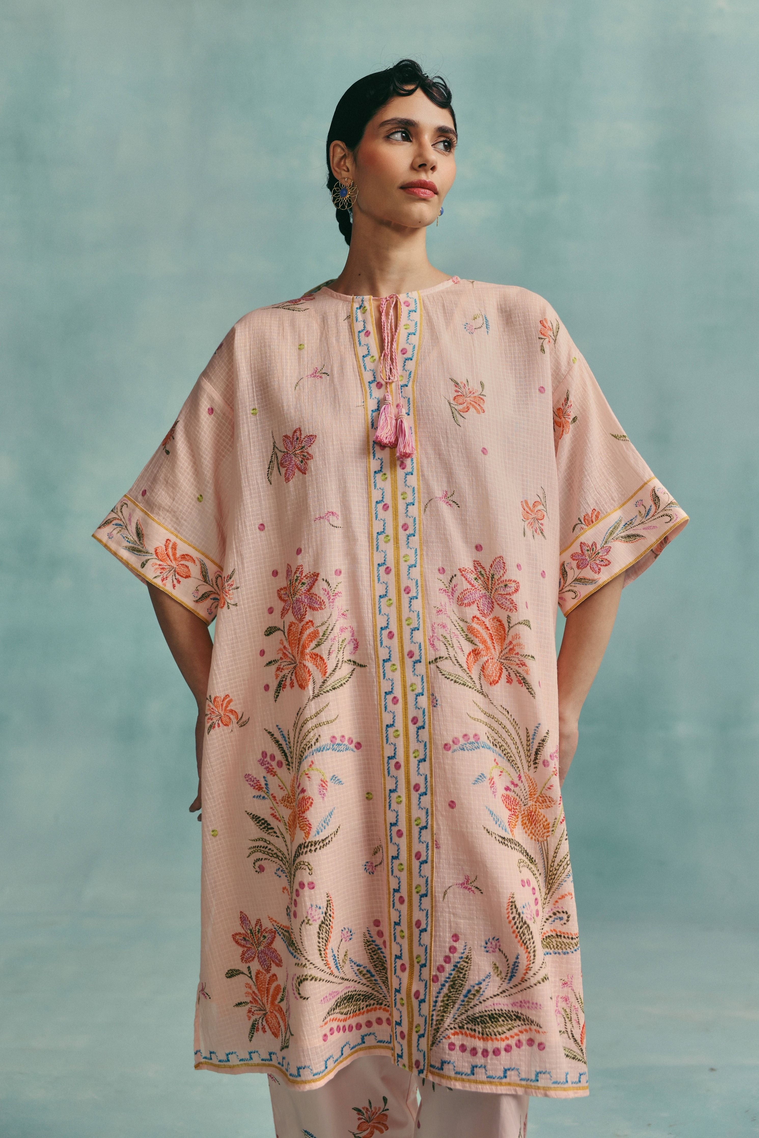 Hibiscus Round Neck Kaftan Set Pink