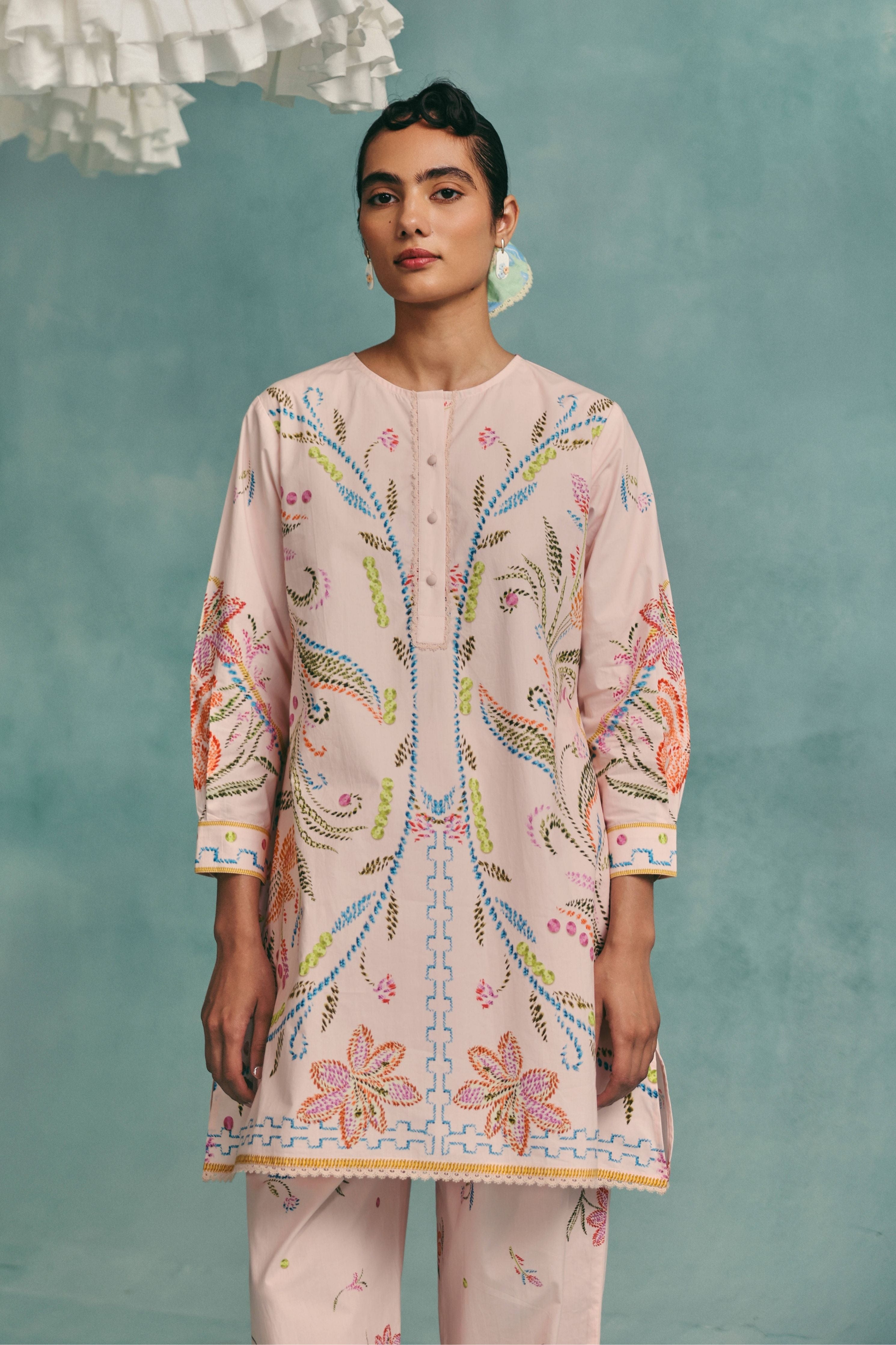 Hibiscus Round Neck Kurta Set Pink