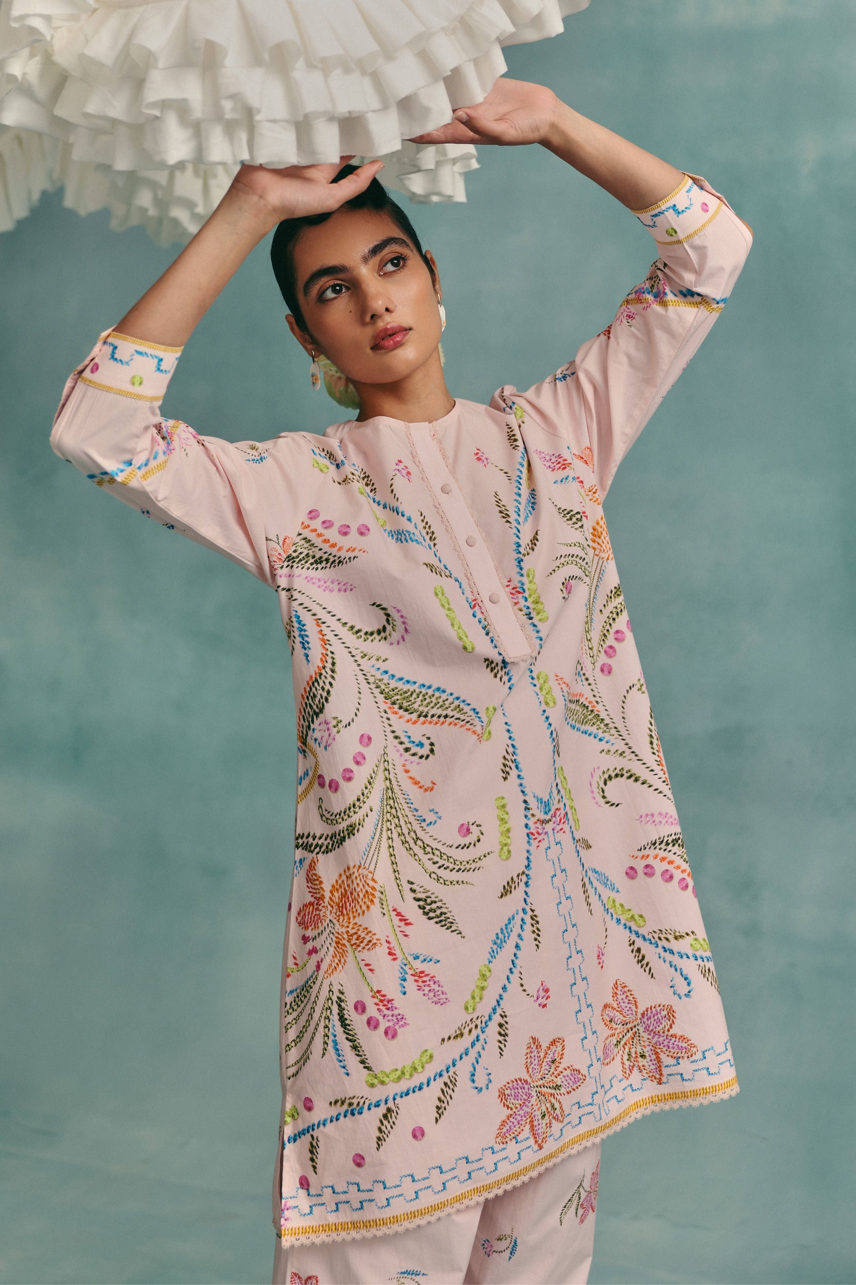 Hibiscus Round Neck Kurta Set Pink