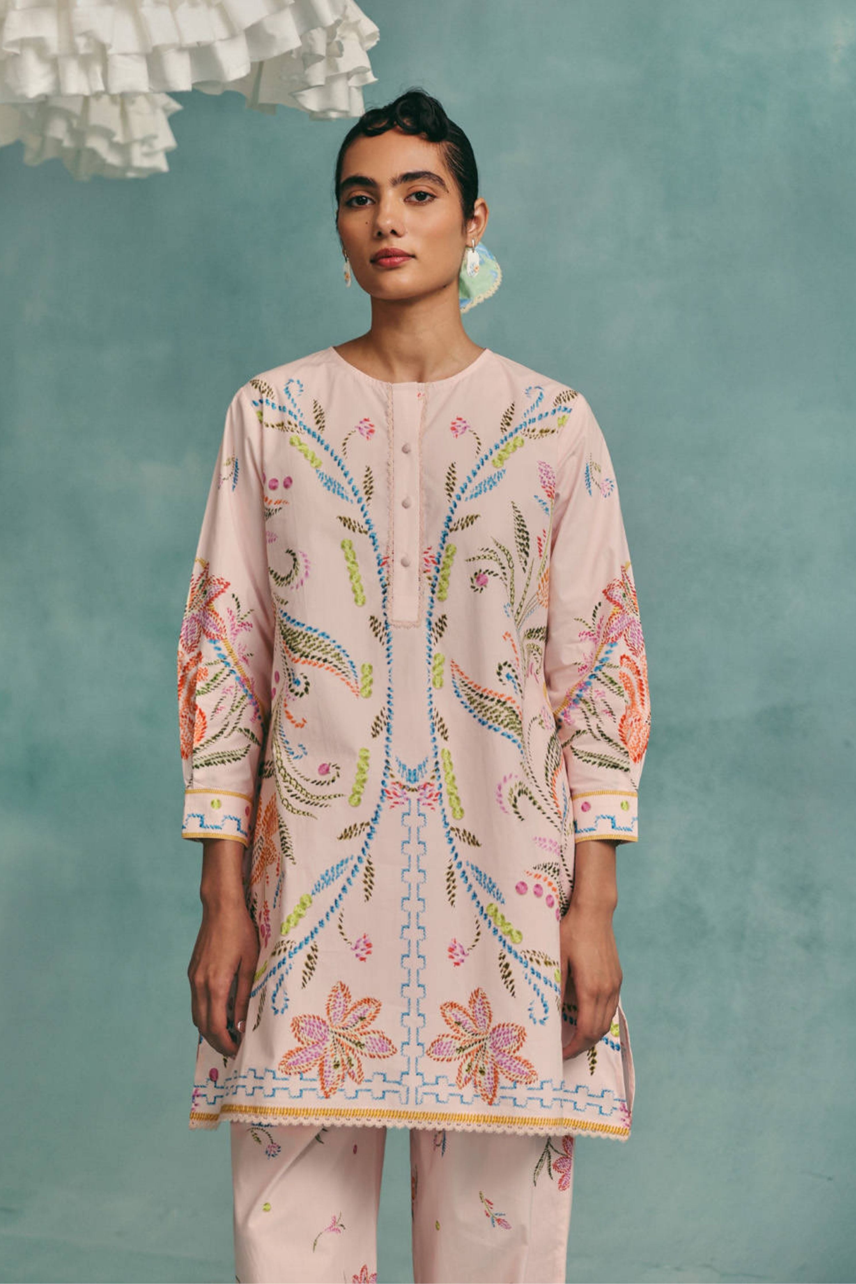 Hibiscus Round Neck Kurta Set Pink