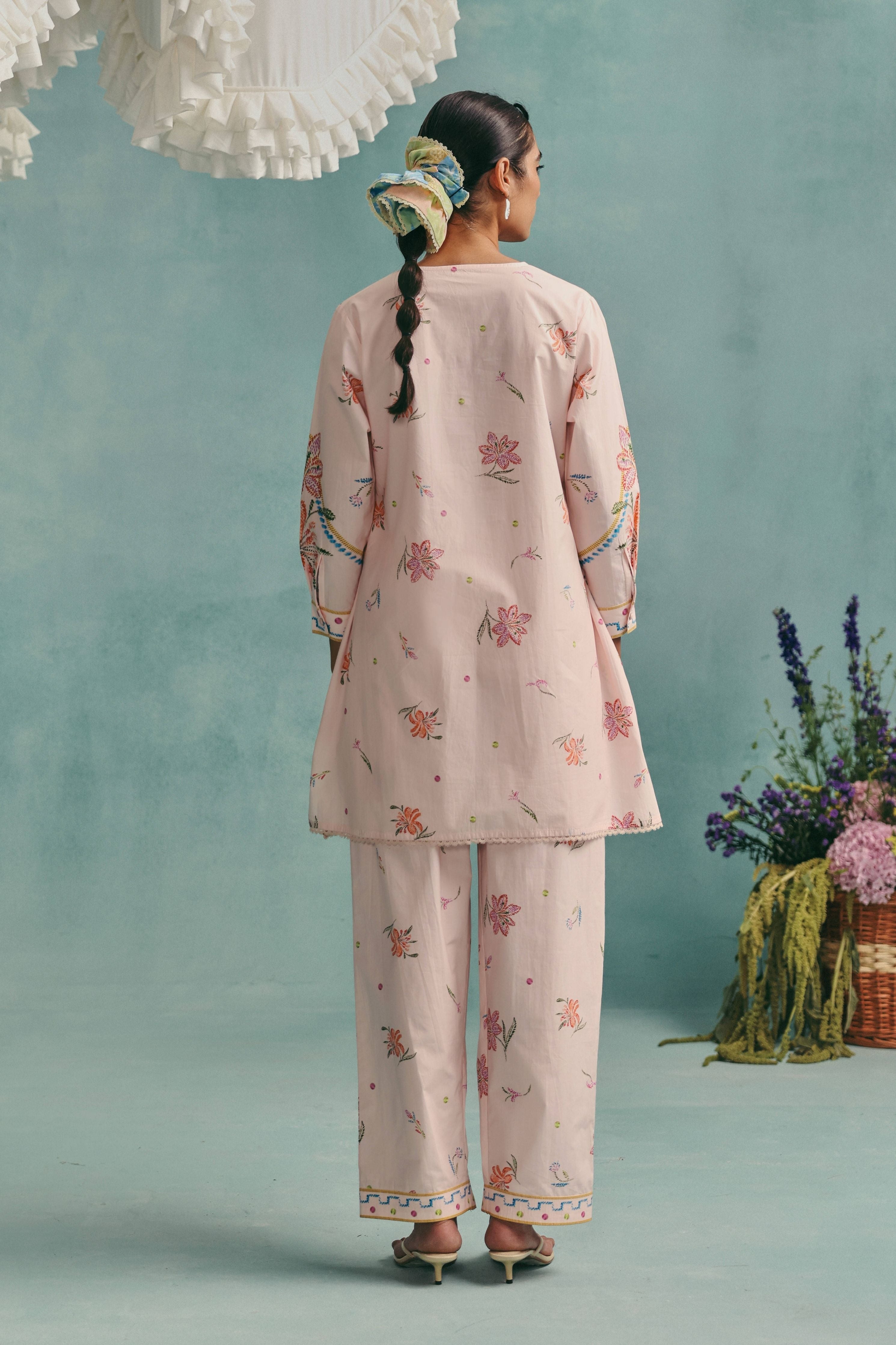 Hibiscus Round Neck Kurta Set Pink