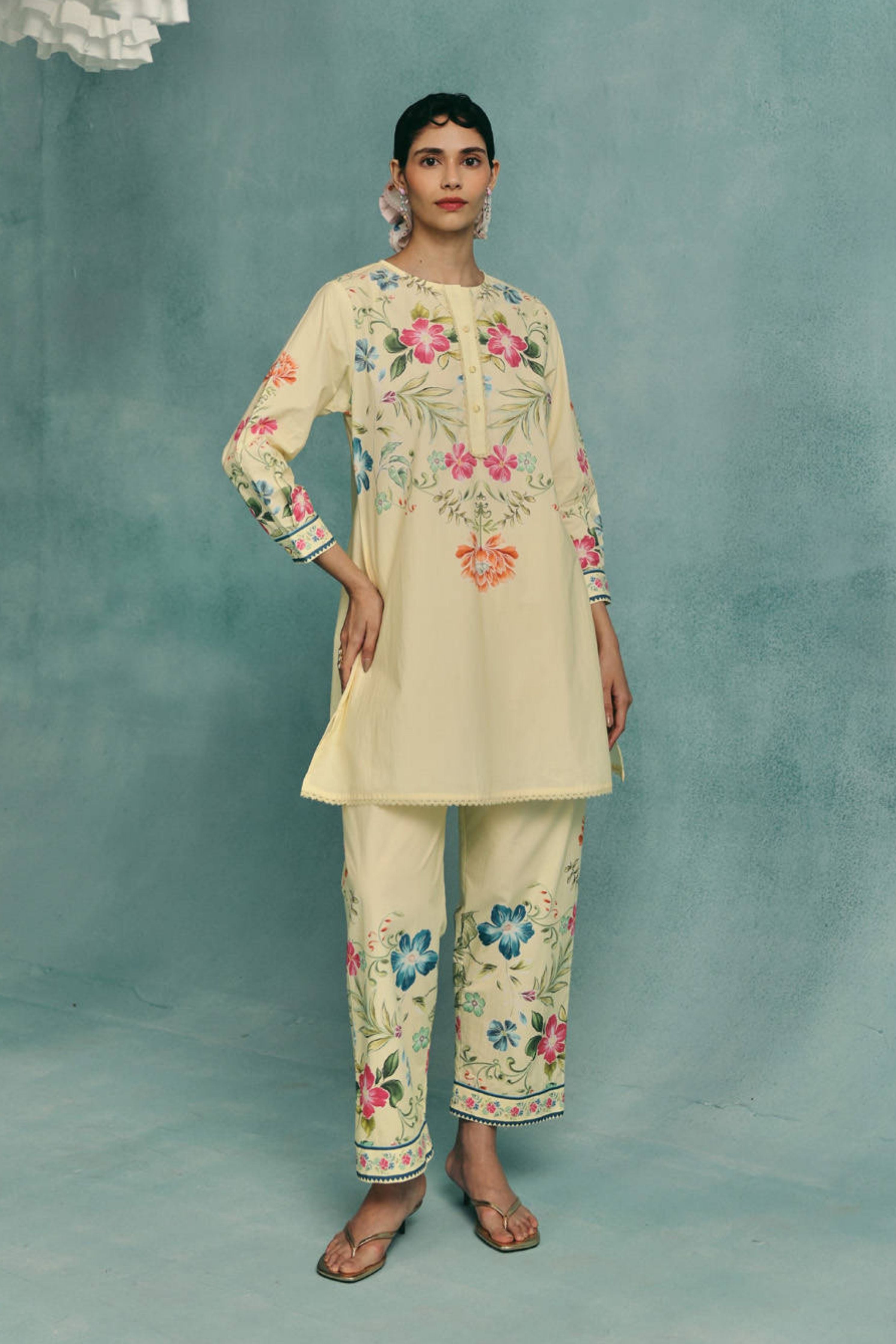 Rose Round Neck Kurta Set Lemon