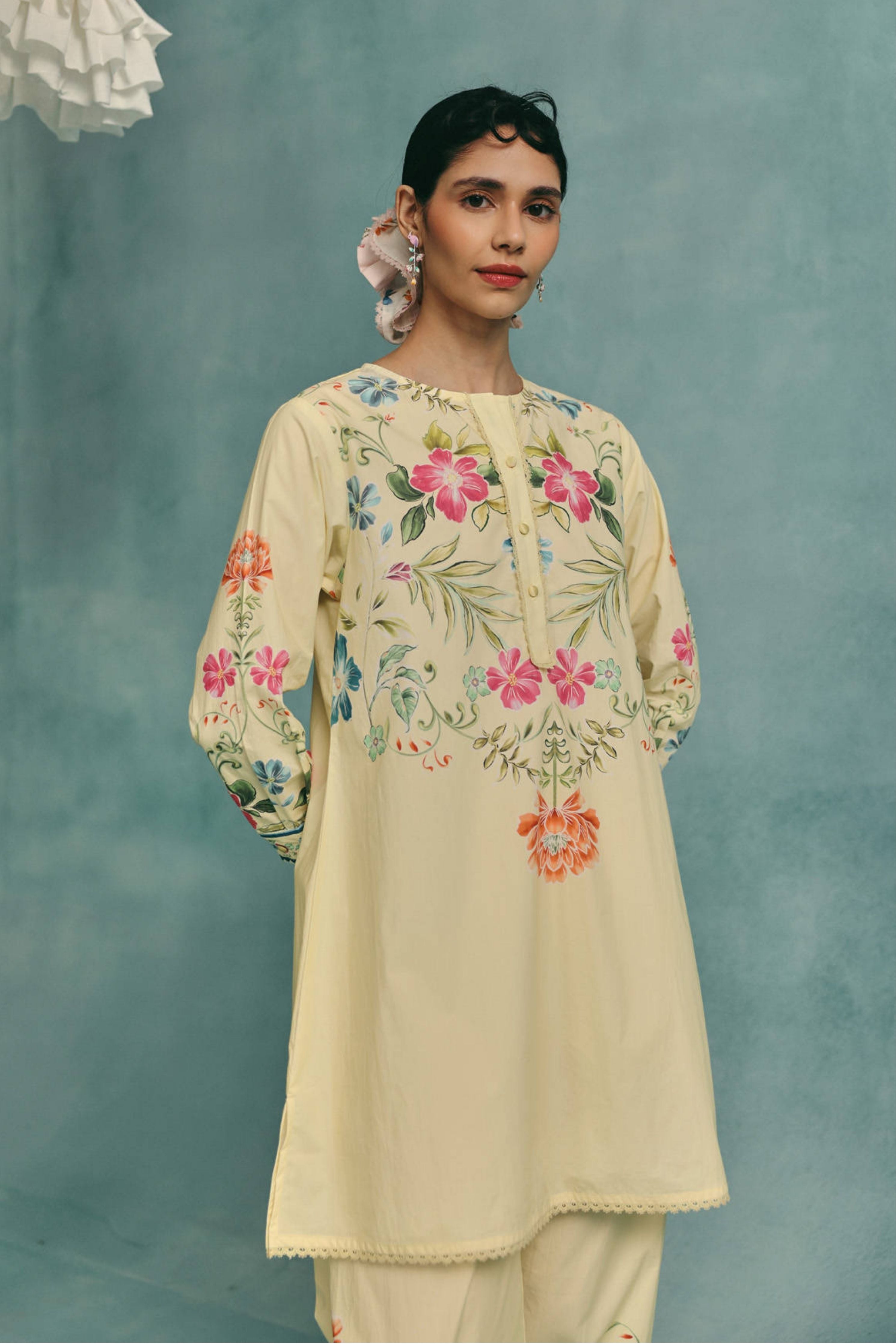 Rose Round Neck Kurta Set Lemon