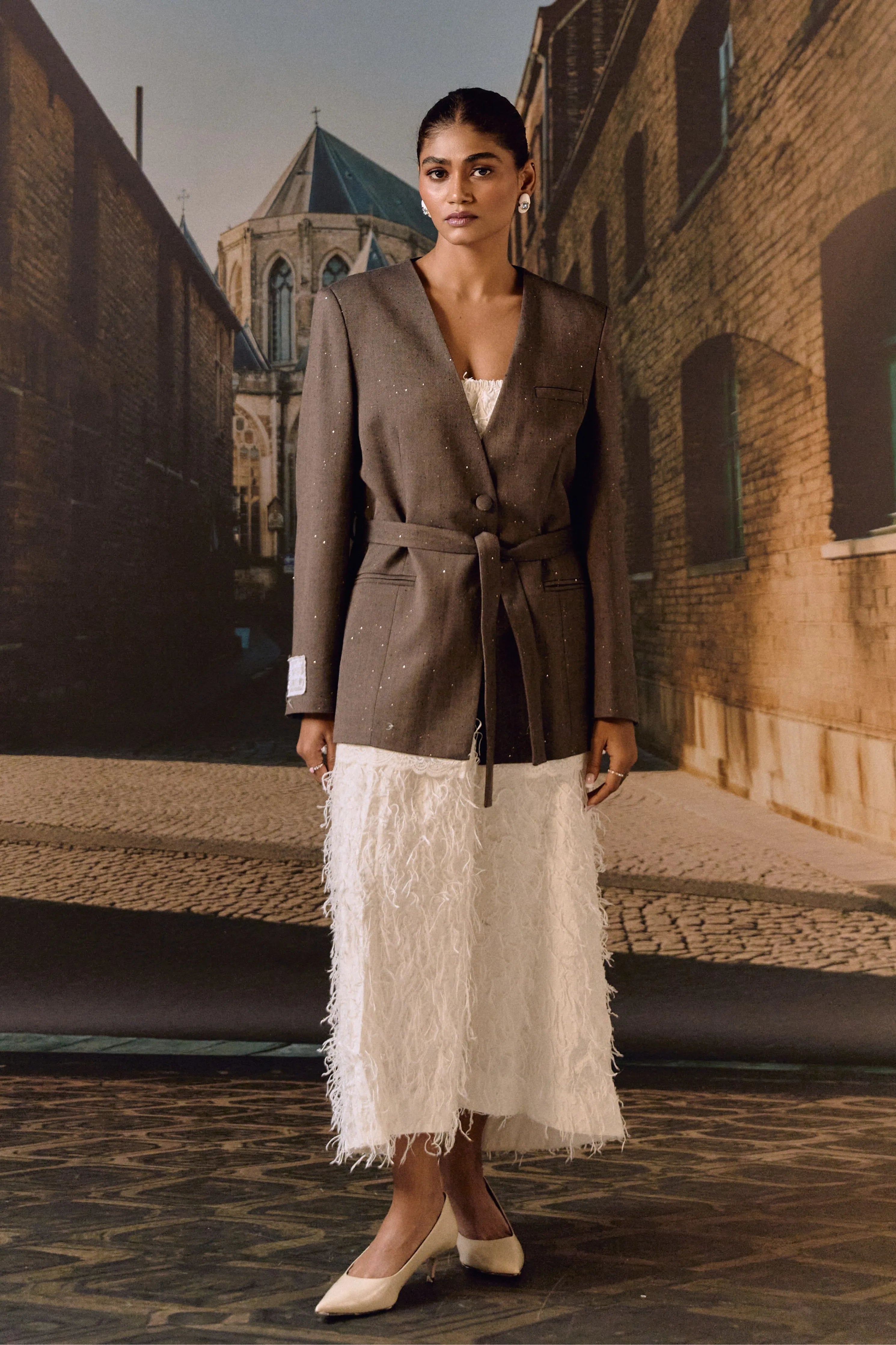 Taupe Wool Sparkle Lace Blazer