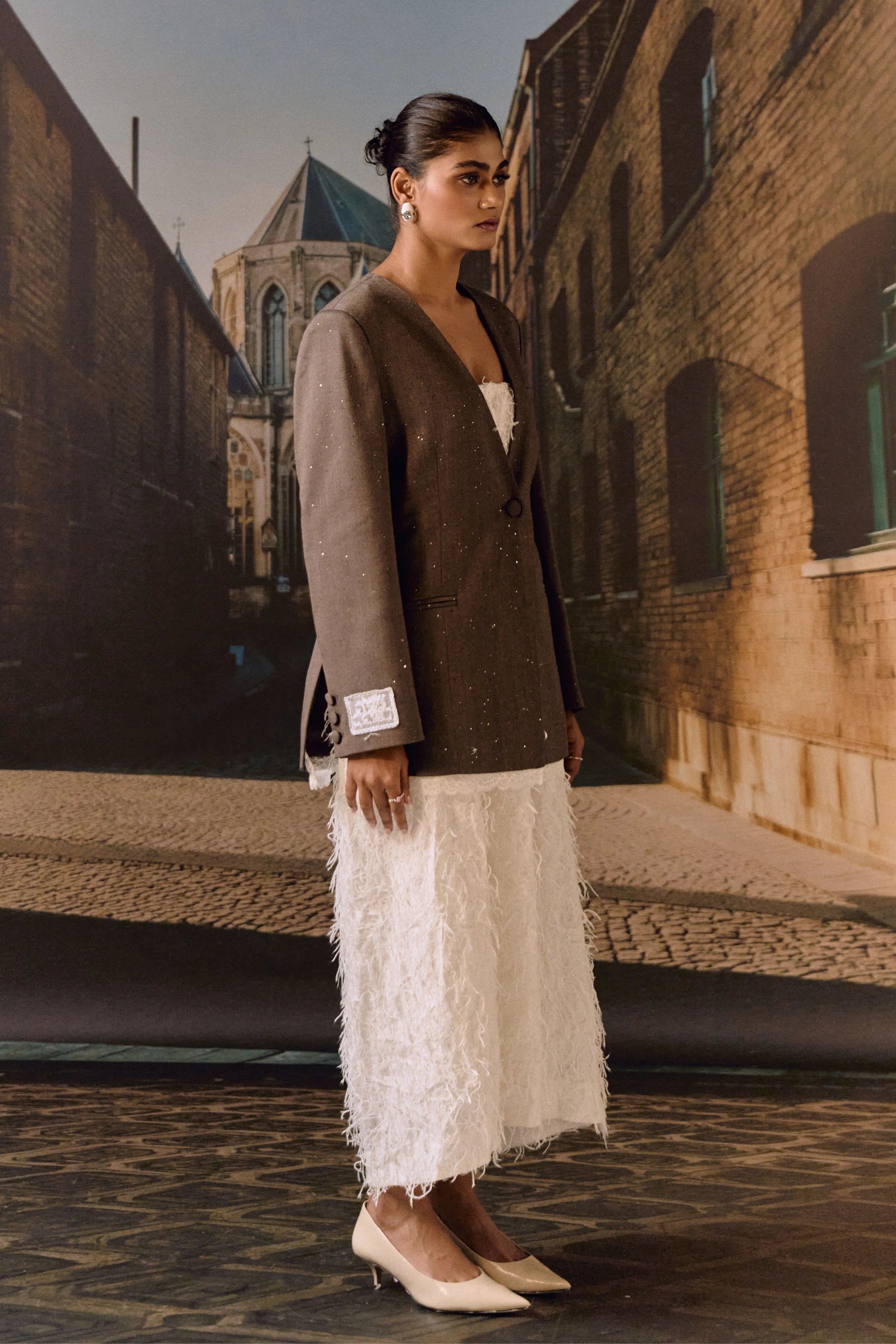 Taupe Wool Sparkle Lace Blazer