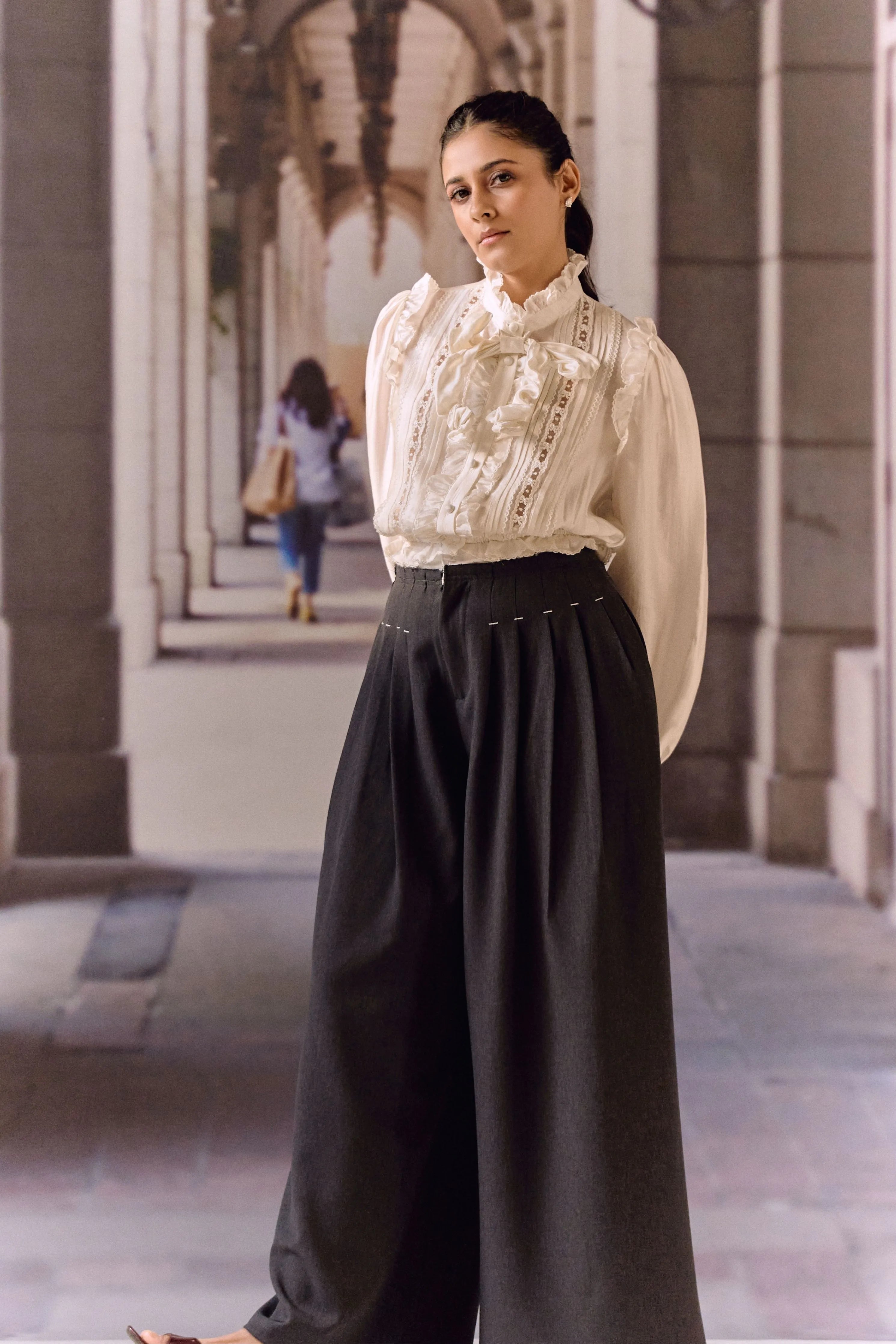 Pintuck Wide-Leg Trousers- Dark Grey
