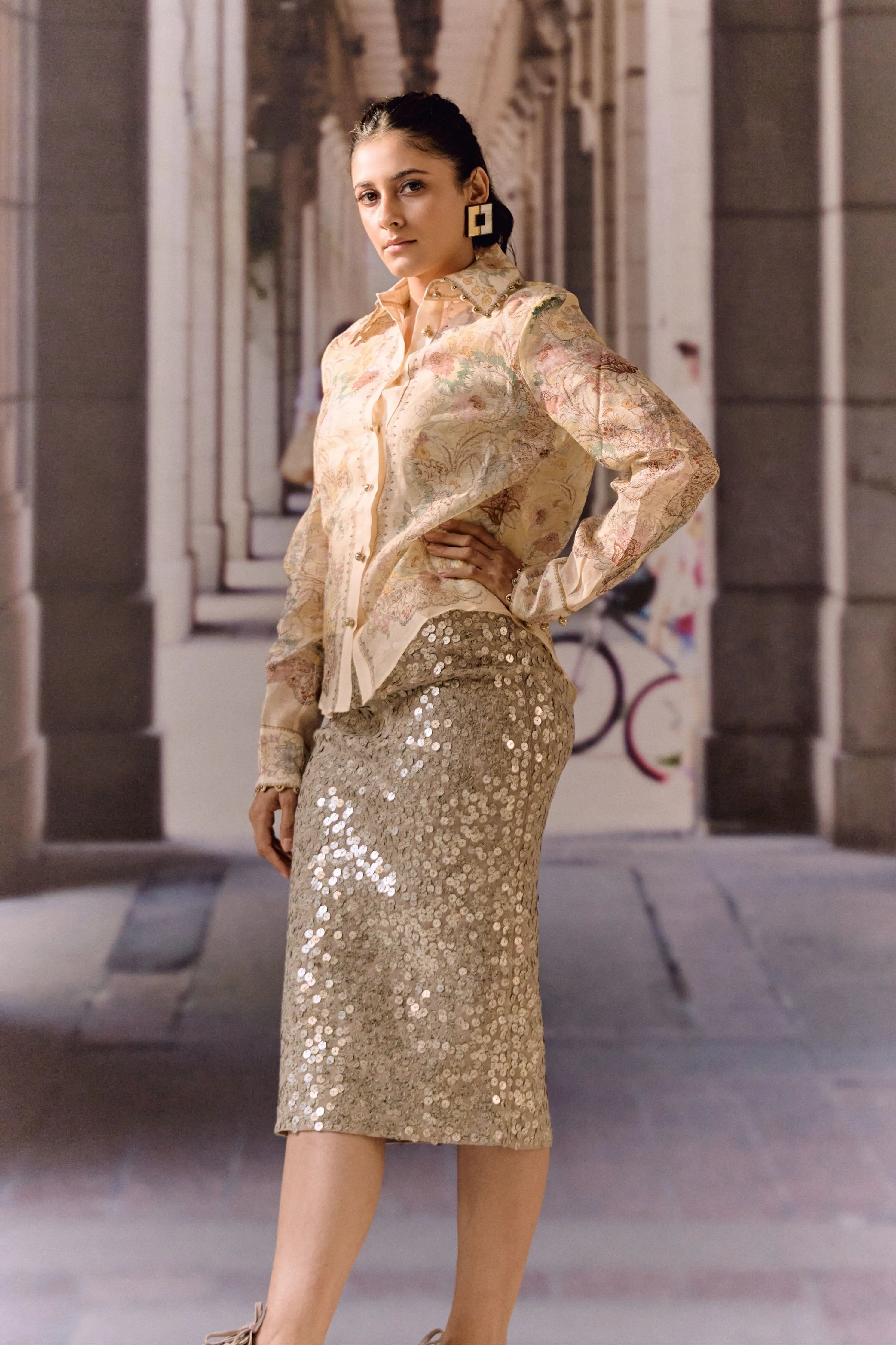 Champagne Sequin Pencil Midi Skirt
