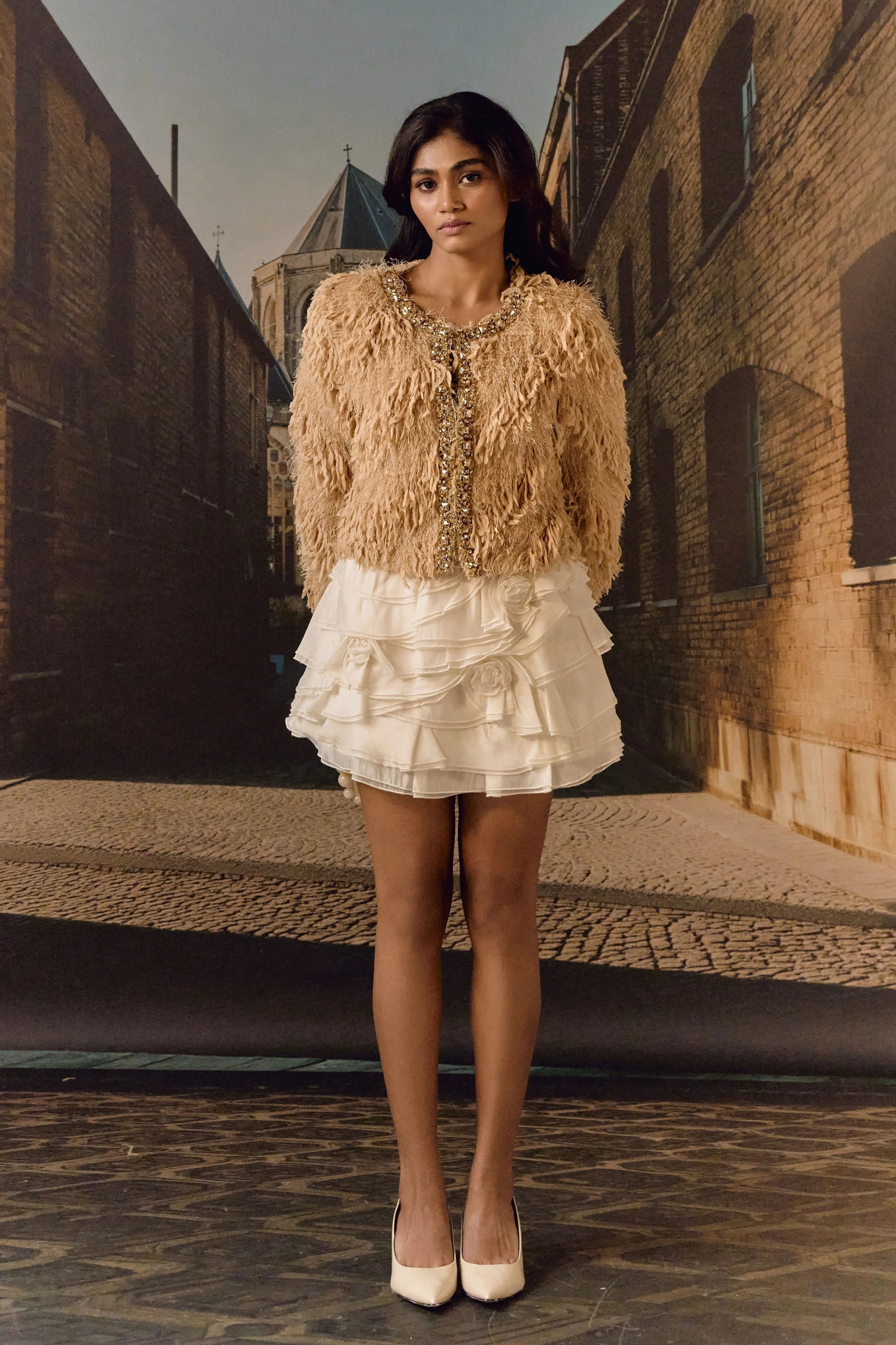 Feathered Crystal Jacket- Biscuit