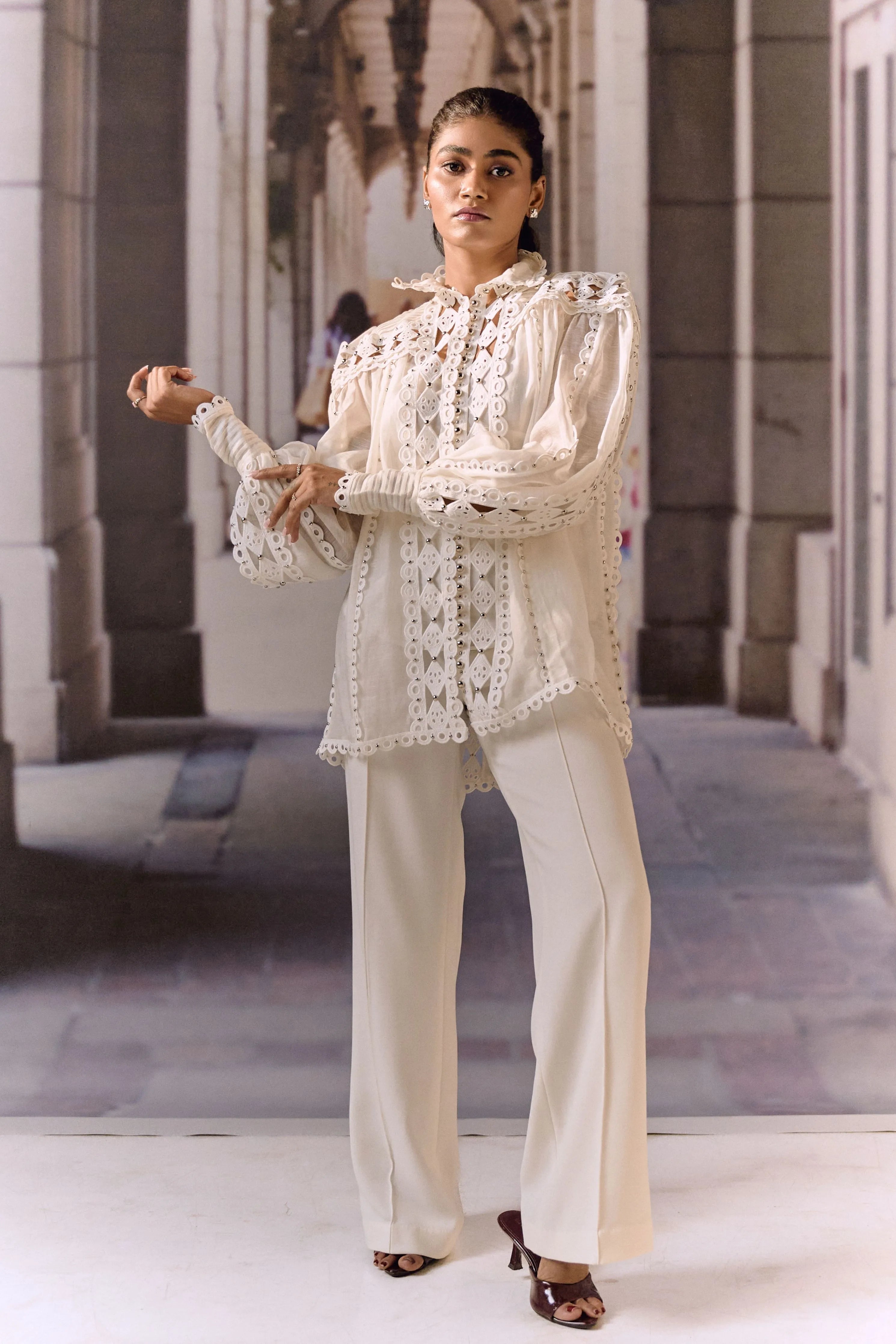 Lace Embellished Linen Blouse