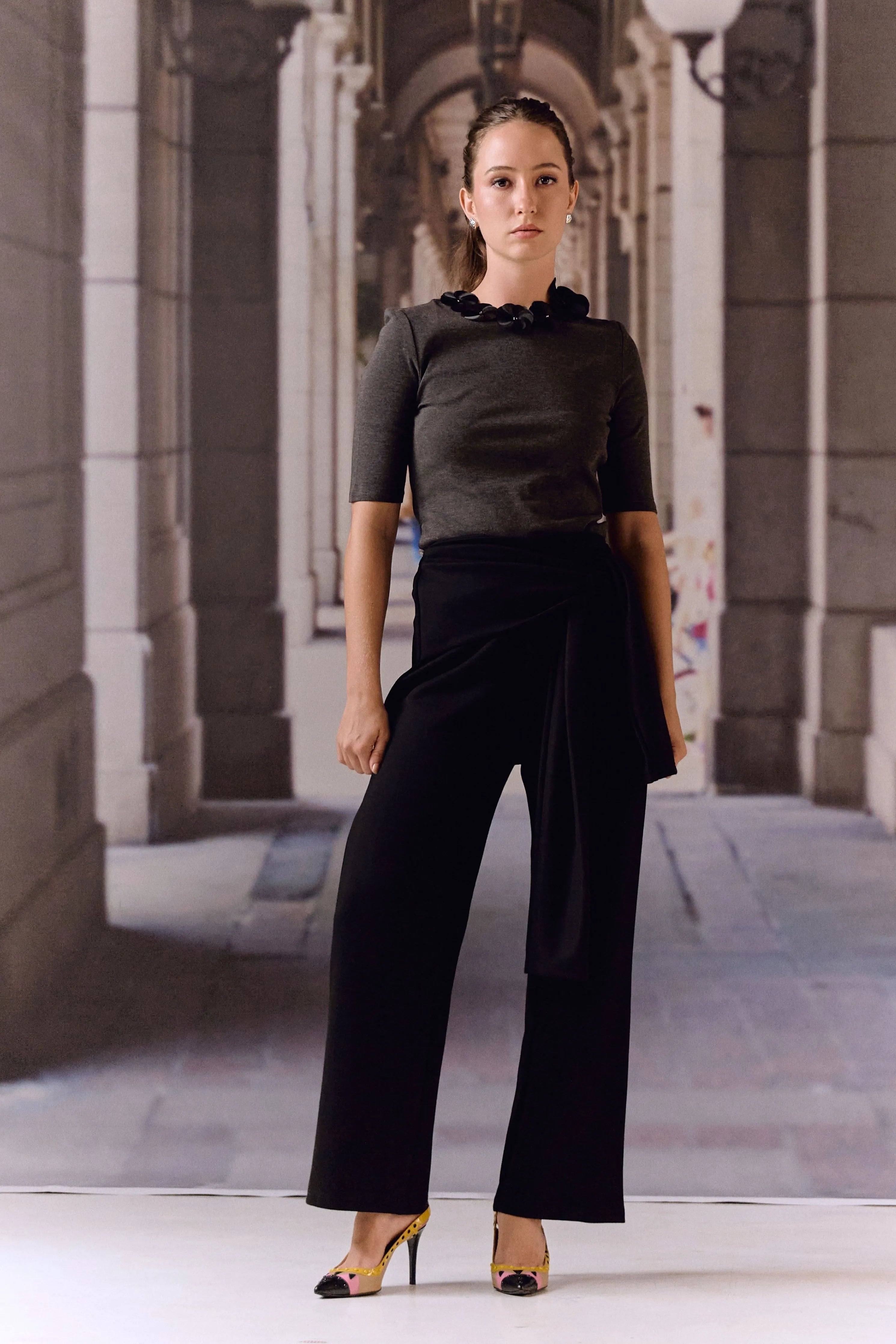 Black Tie-Waist Knit Trousers