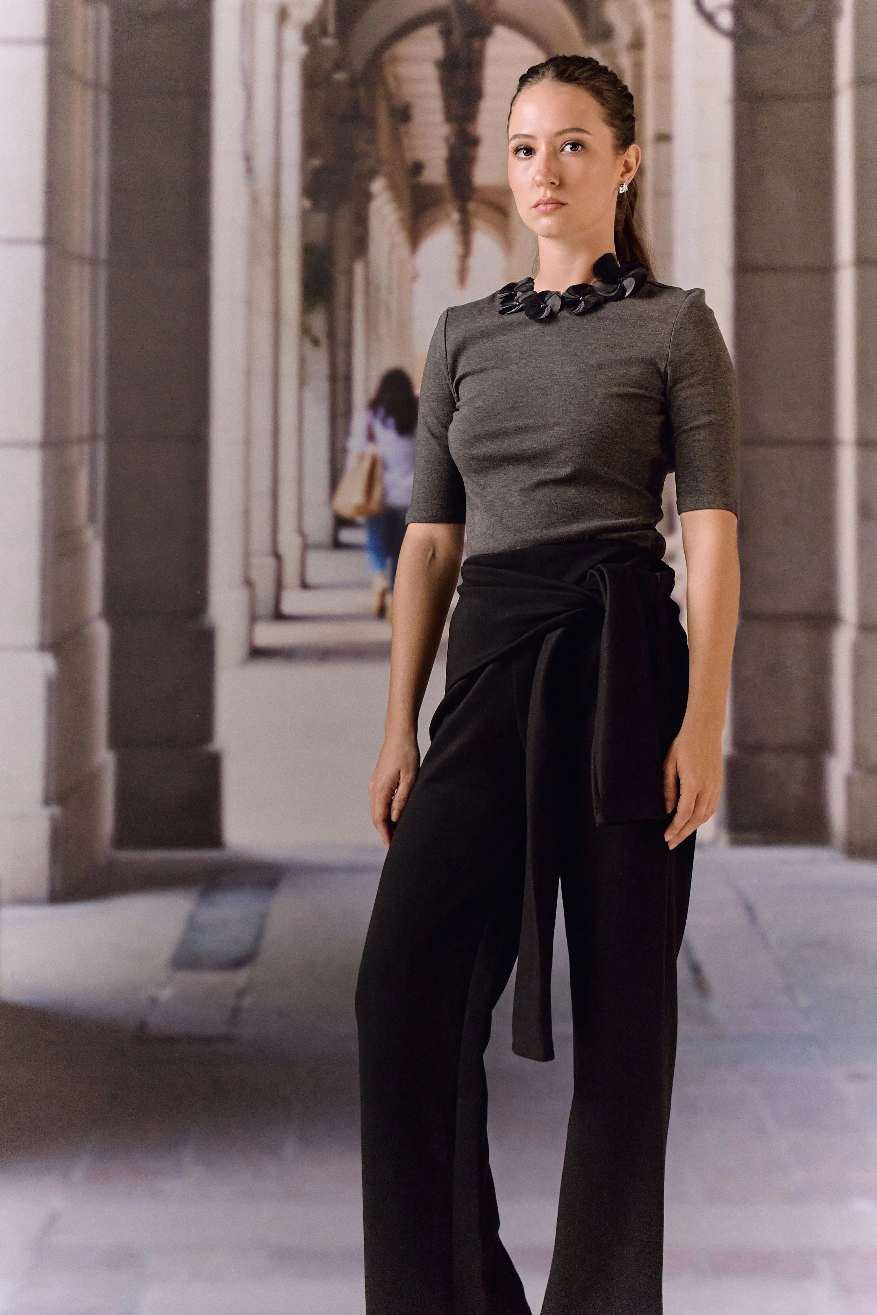 Black Tie-Waist Knit Trousers