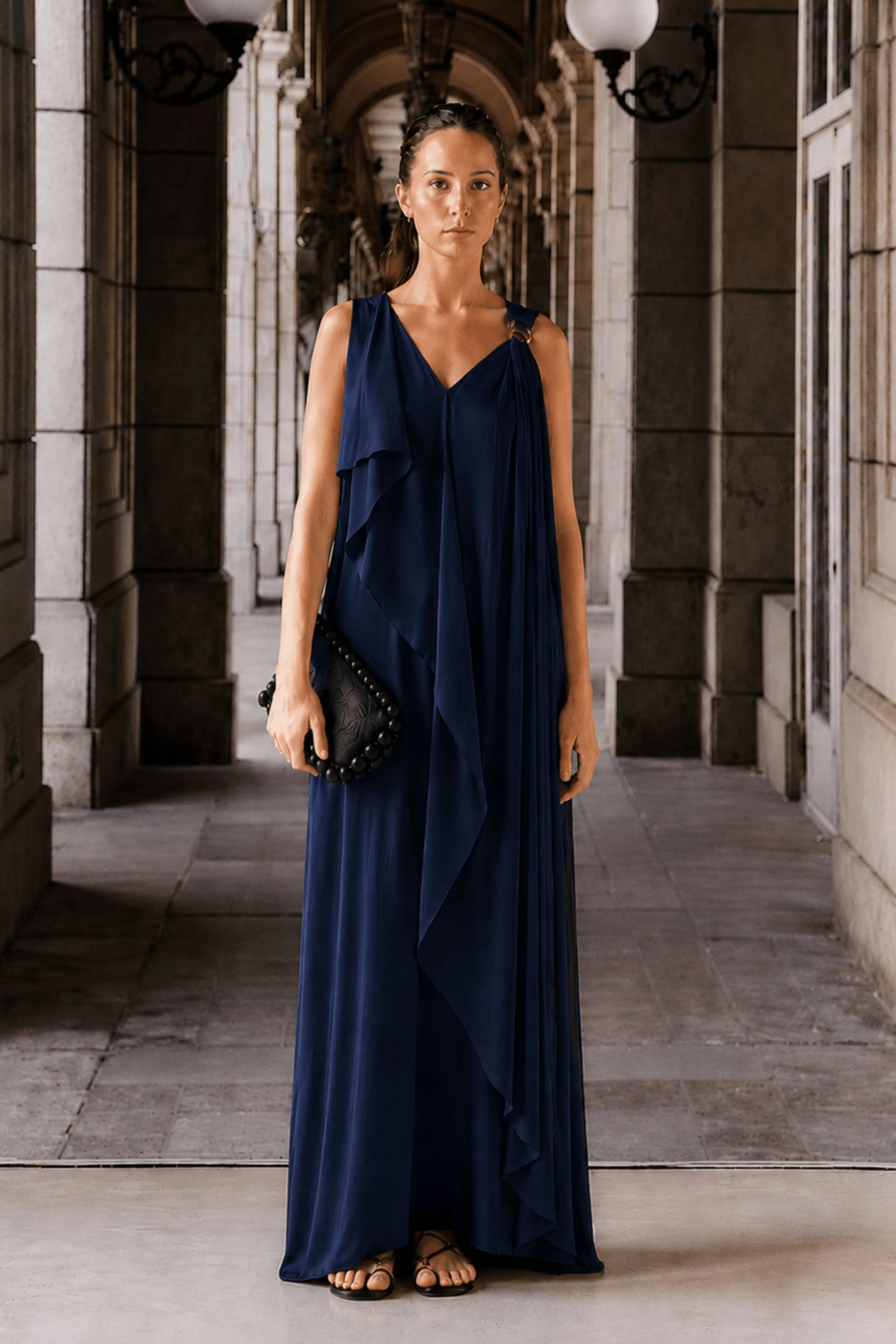 Asymmetric Draped Dress- Navy Blue