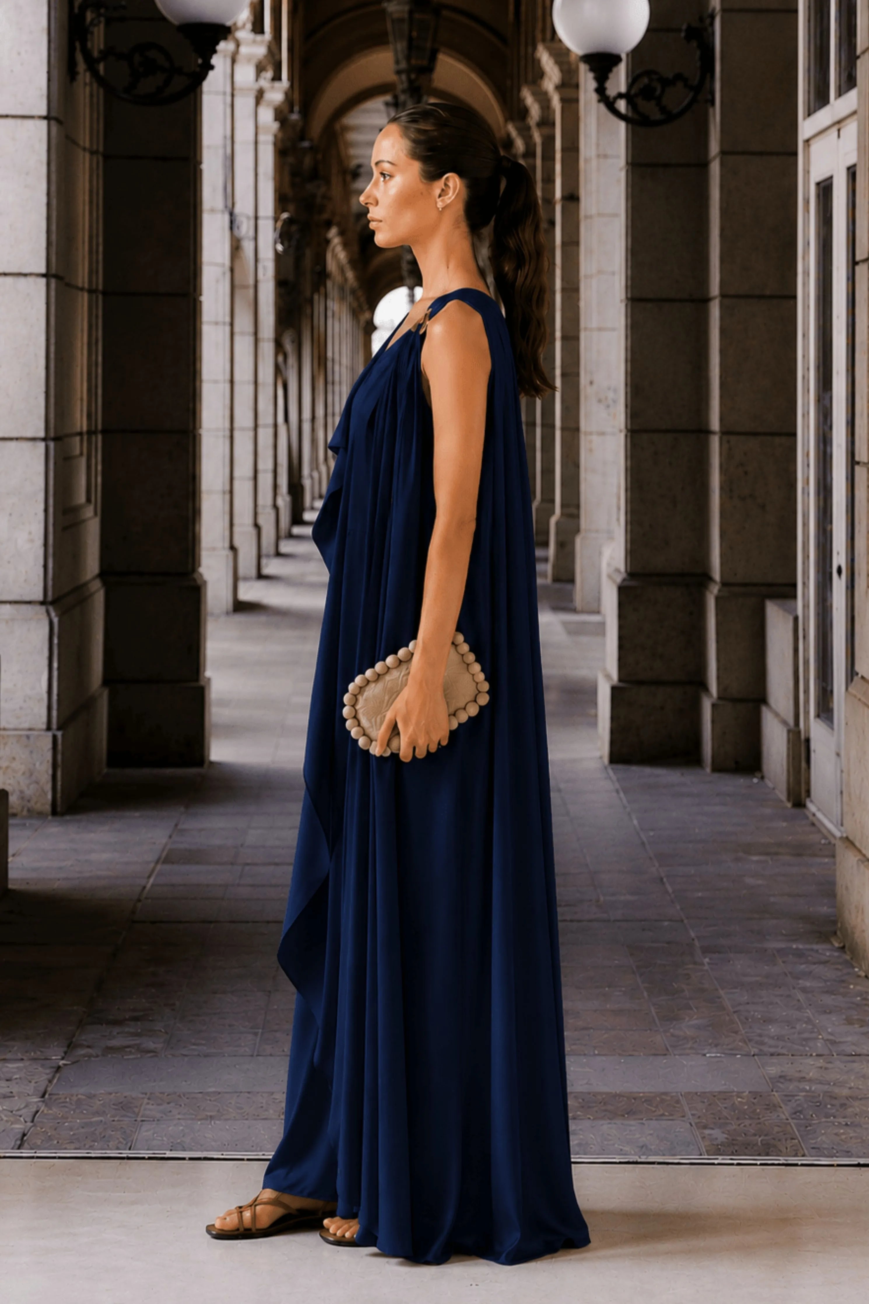 Asymmetric Draped Dress- Navy Blue