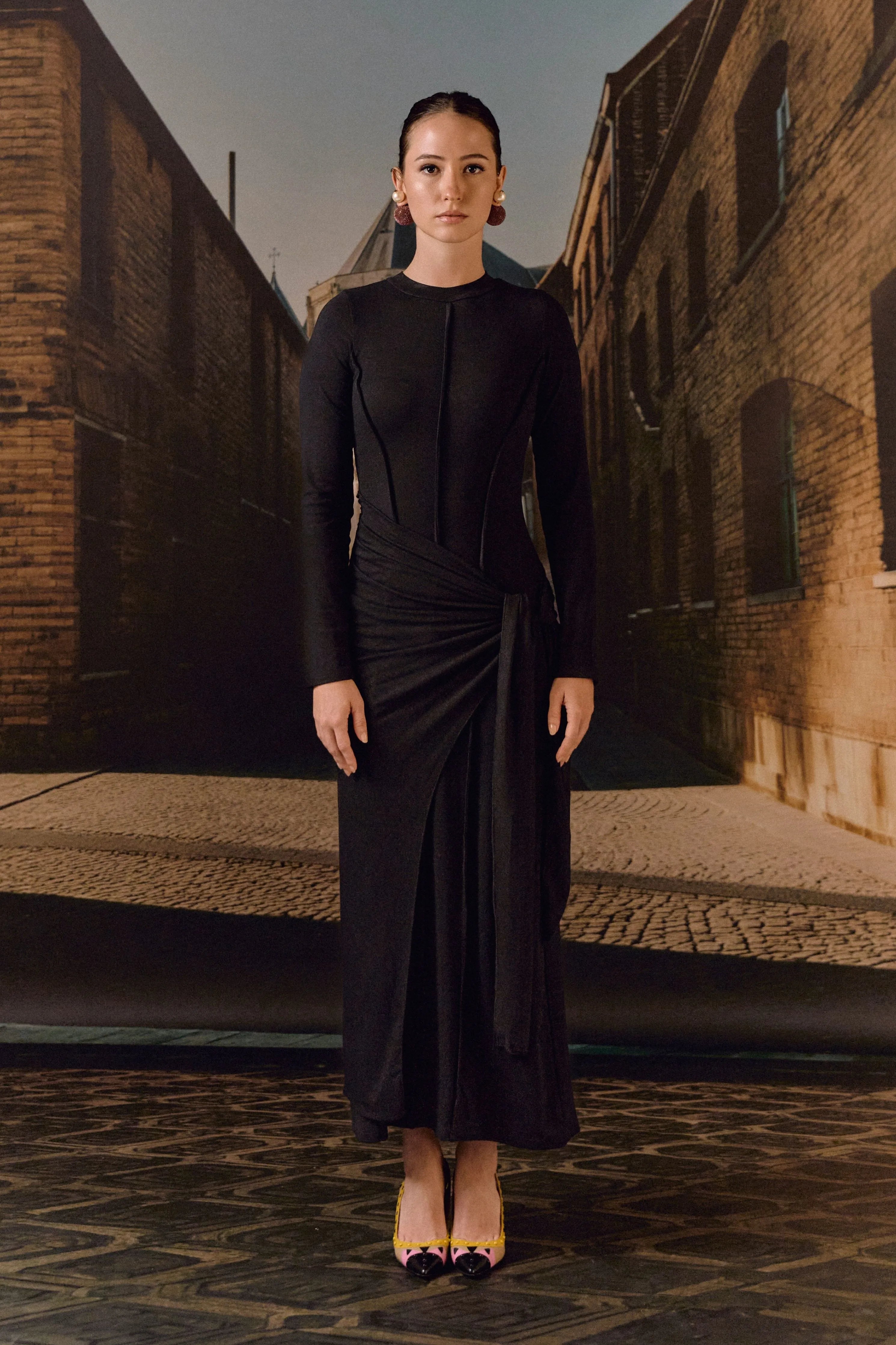 Black Draped Knit Maxi Dress