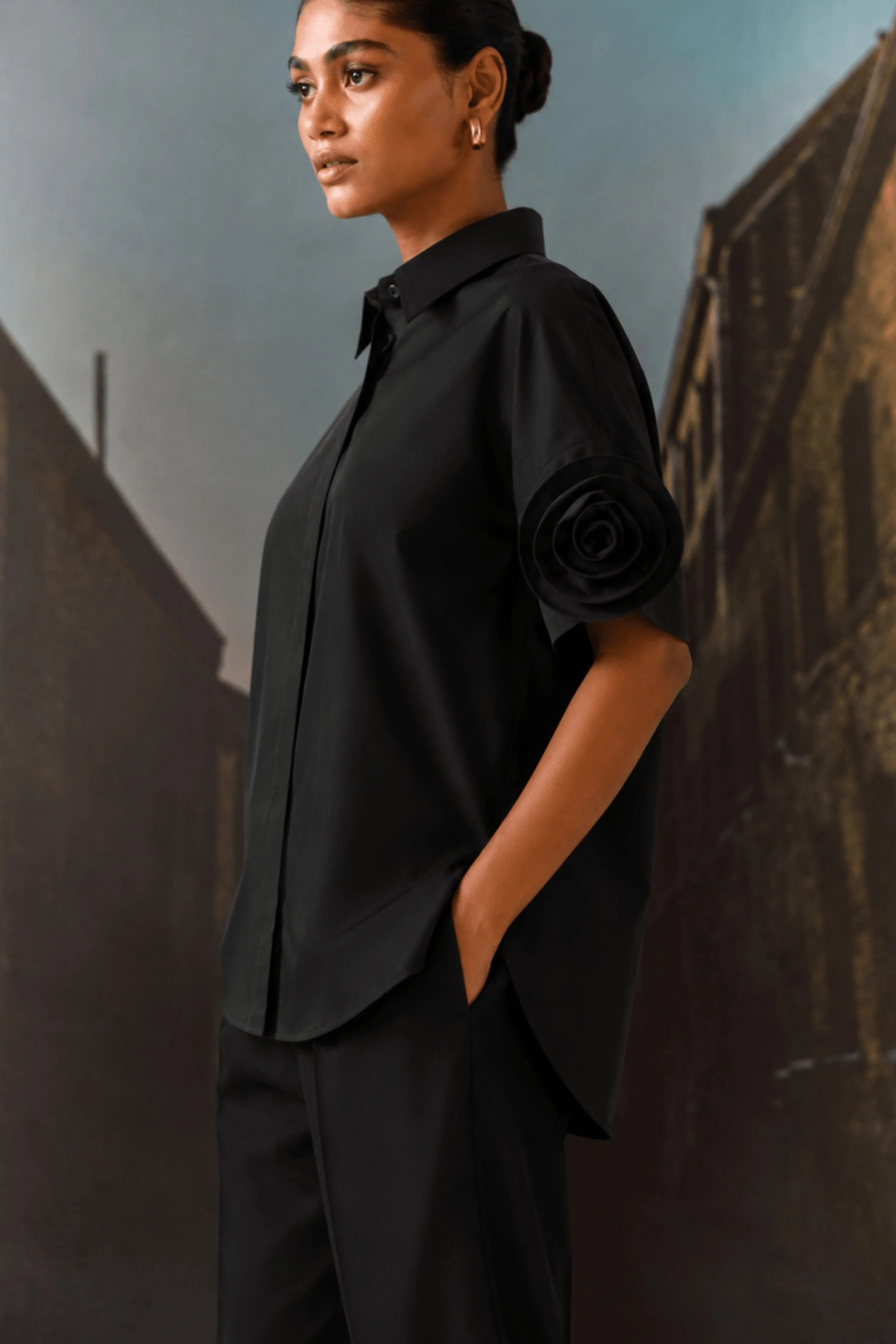 Rosette Sleeve Shirt Black