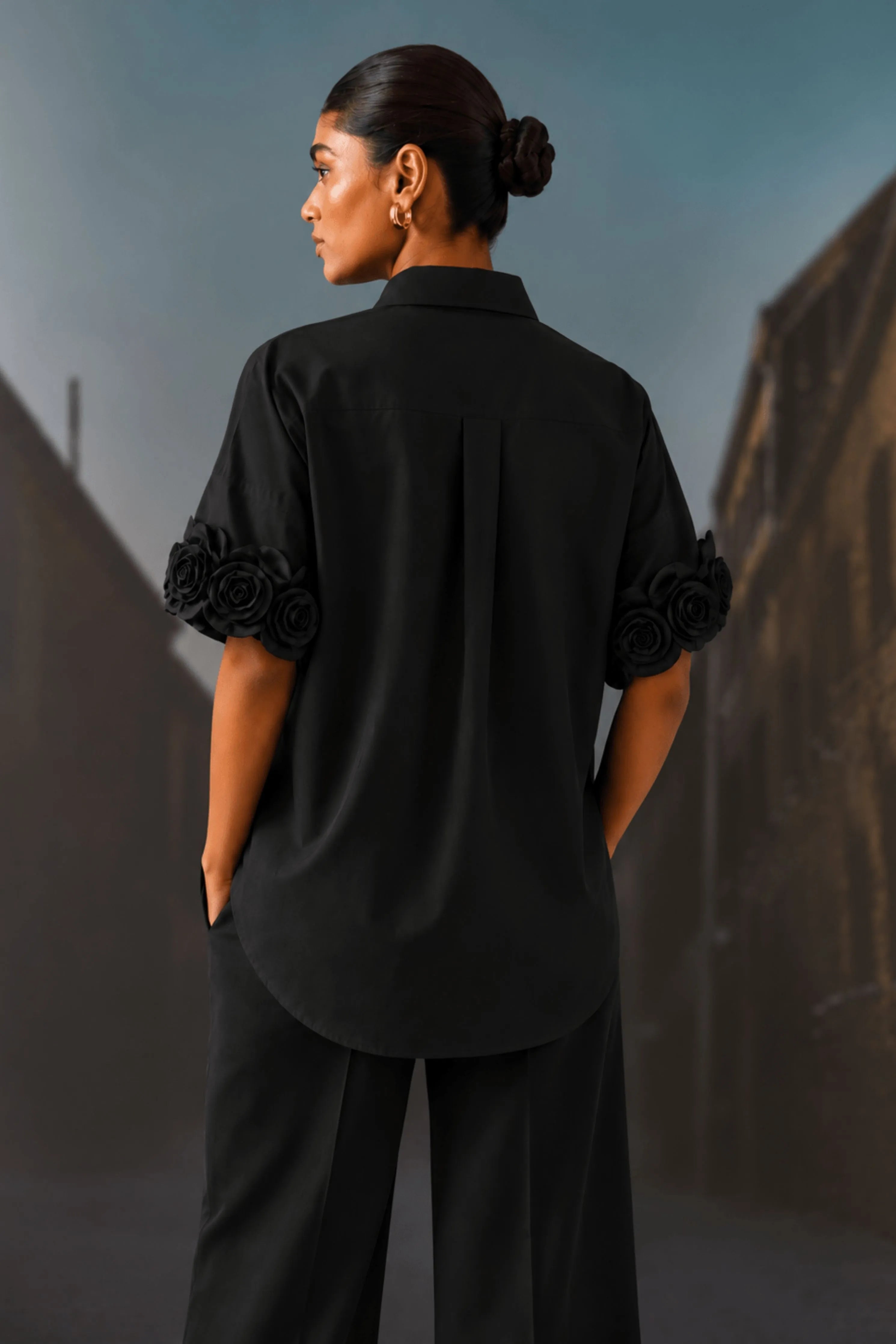 Rosette Sleeve Shirt Black