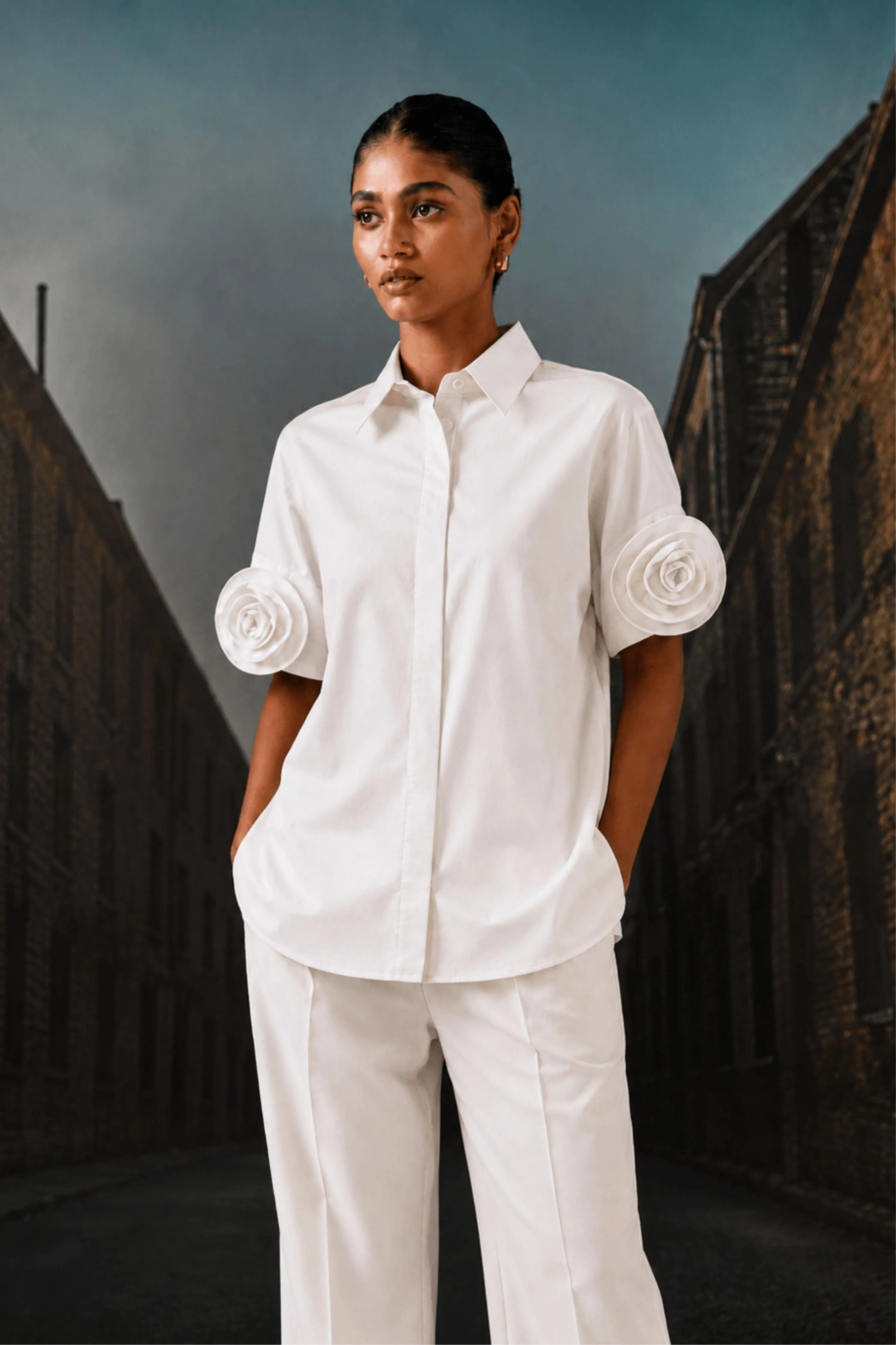 Rosette Sleeve Shirt White