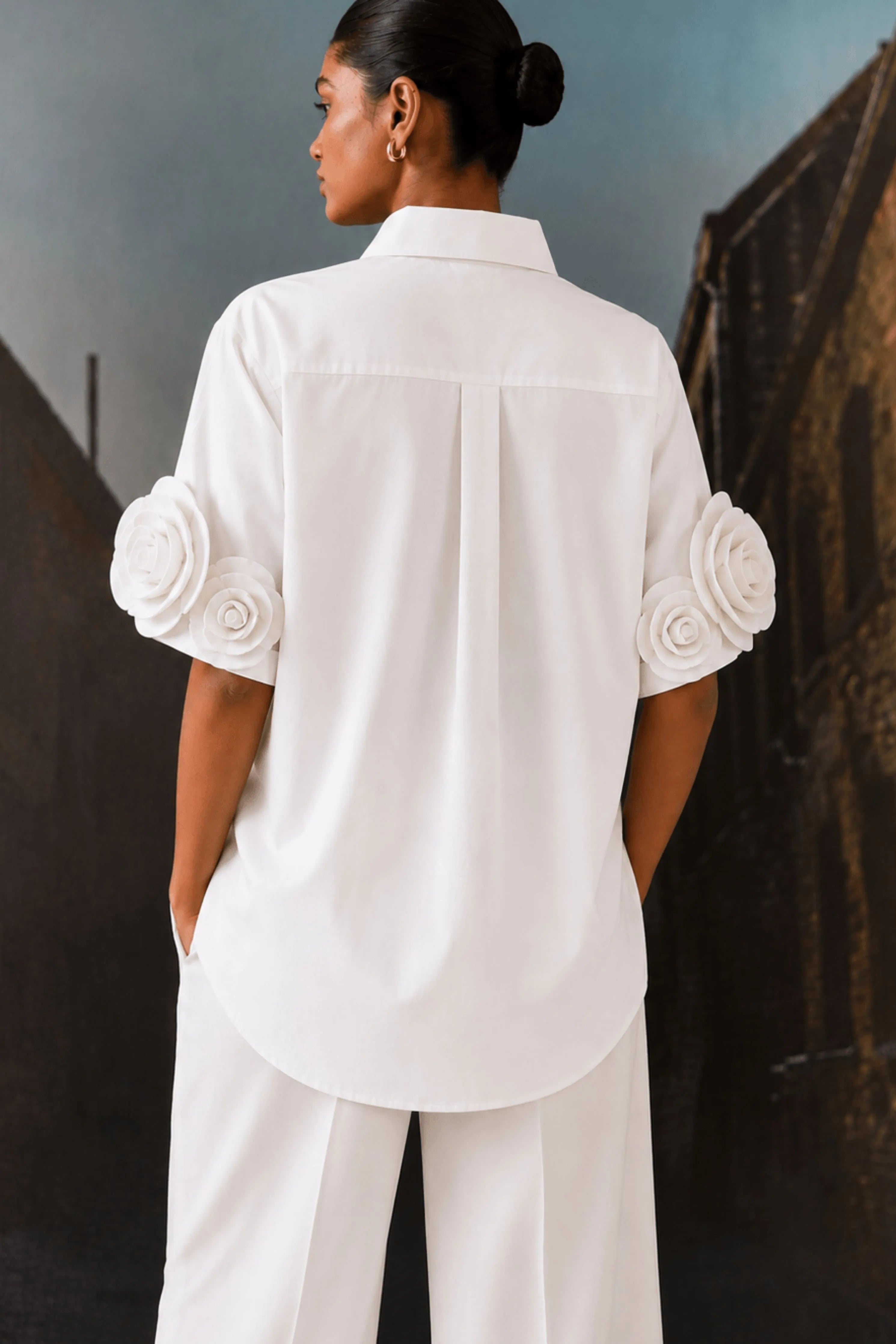 Rosette Sleeve Shirt White