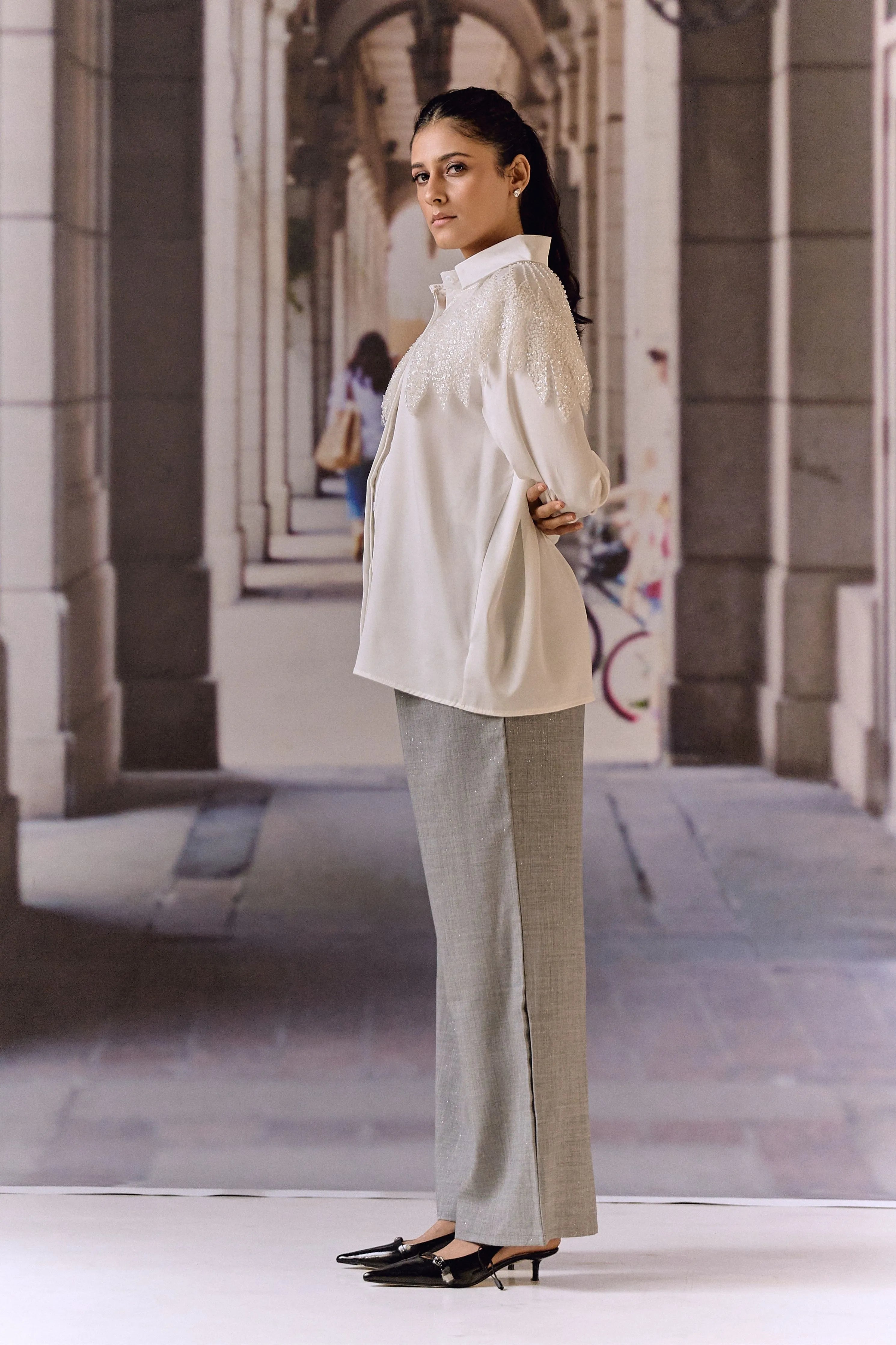 Bugle Beaded Satin Shirt- White