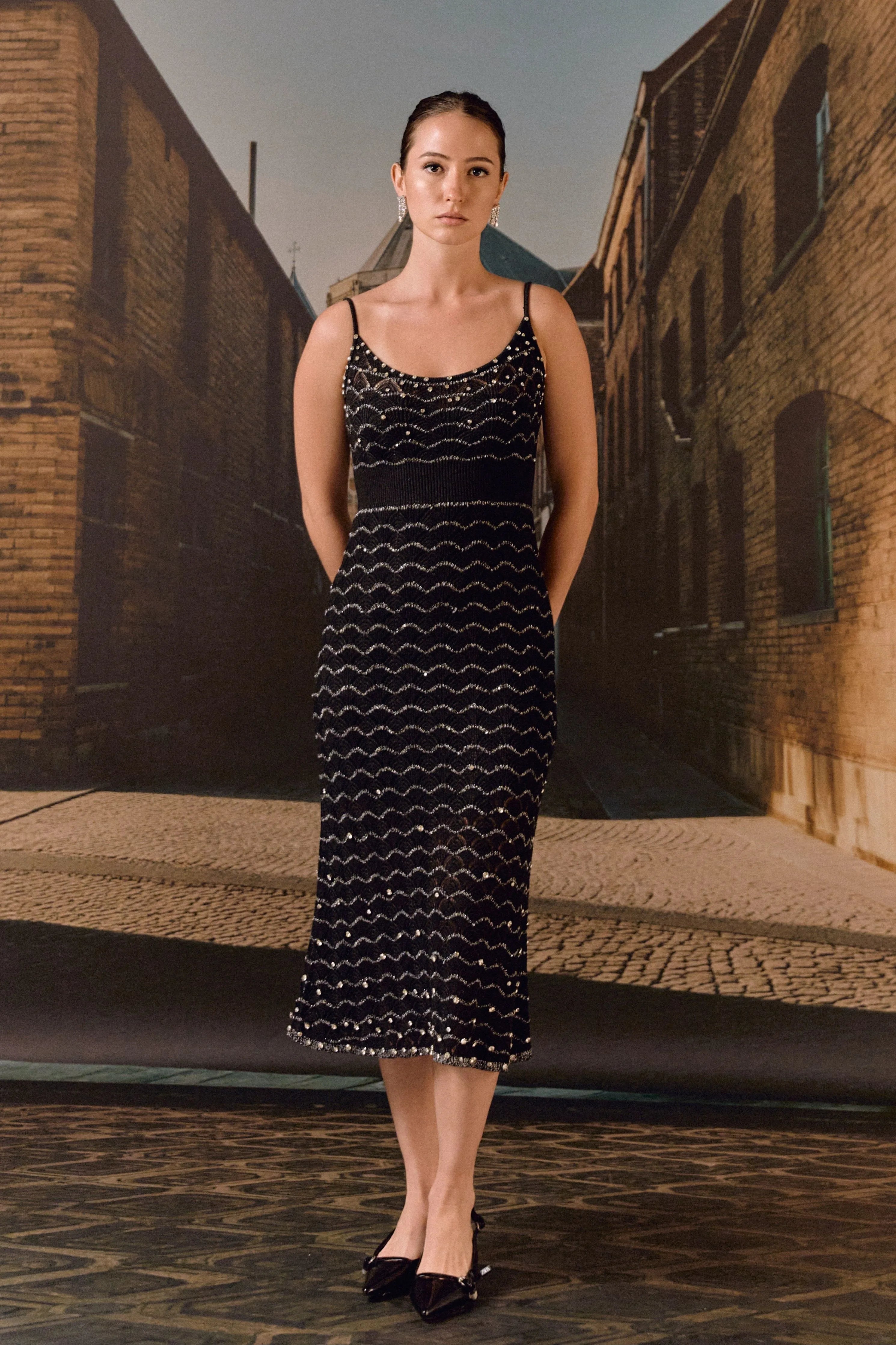 Black Textured Knit Midi Dress