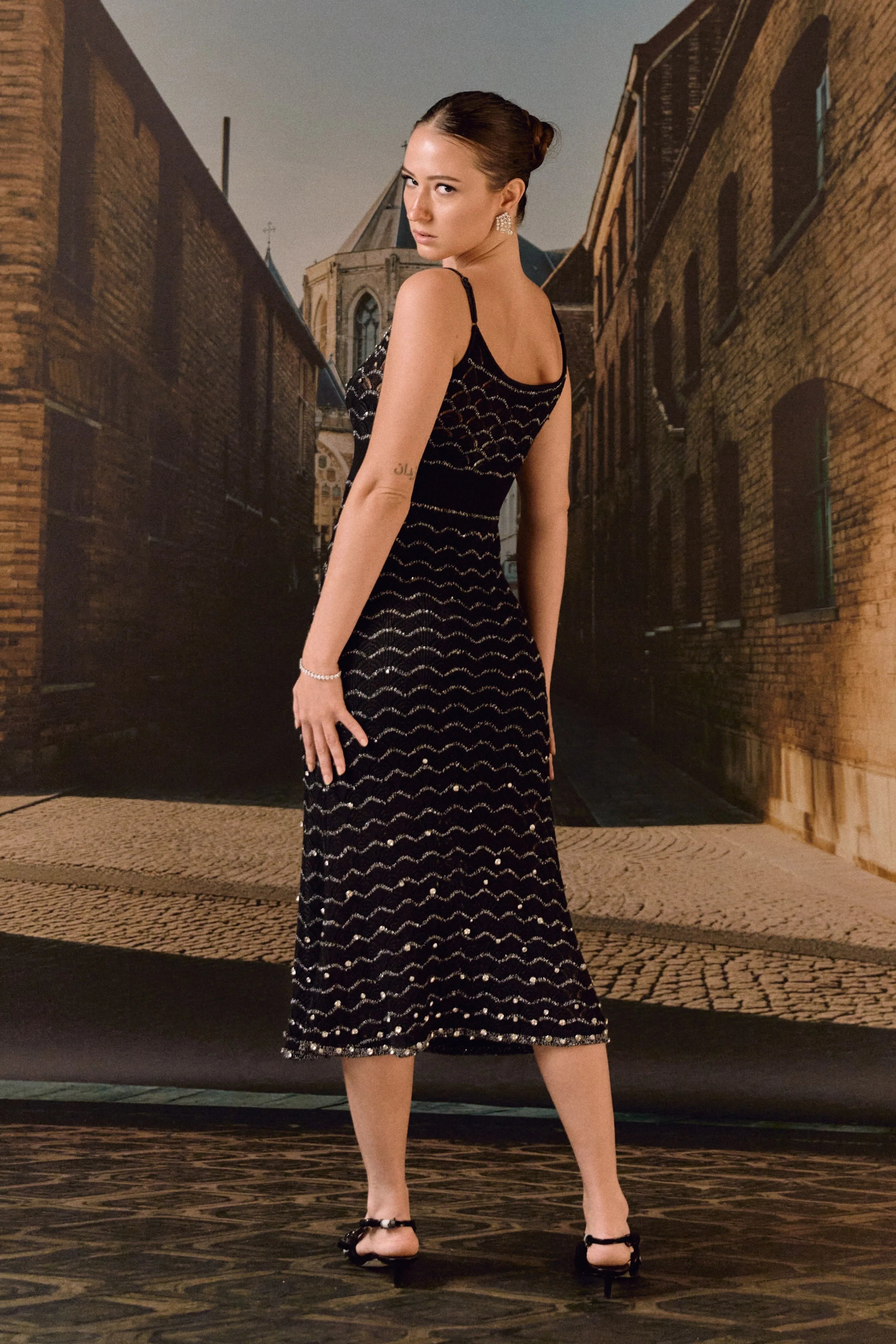 Black Textured Knit Midi Dress